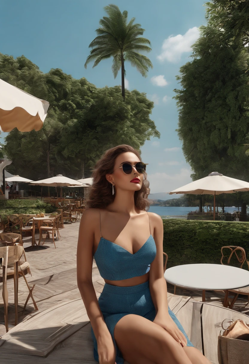 ((Best Quality, 8K, Masterpiece: 1.3)), Upper Body (1.3), Colossal (5), Outstanding Style, Gentle Face, Parallel Eyebrows, Smile, Natural Makeup, Clothes that emphasize cleavage, Refreshing, Eat lunch at a café in the sun through the trees in the city