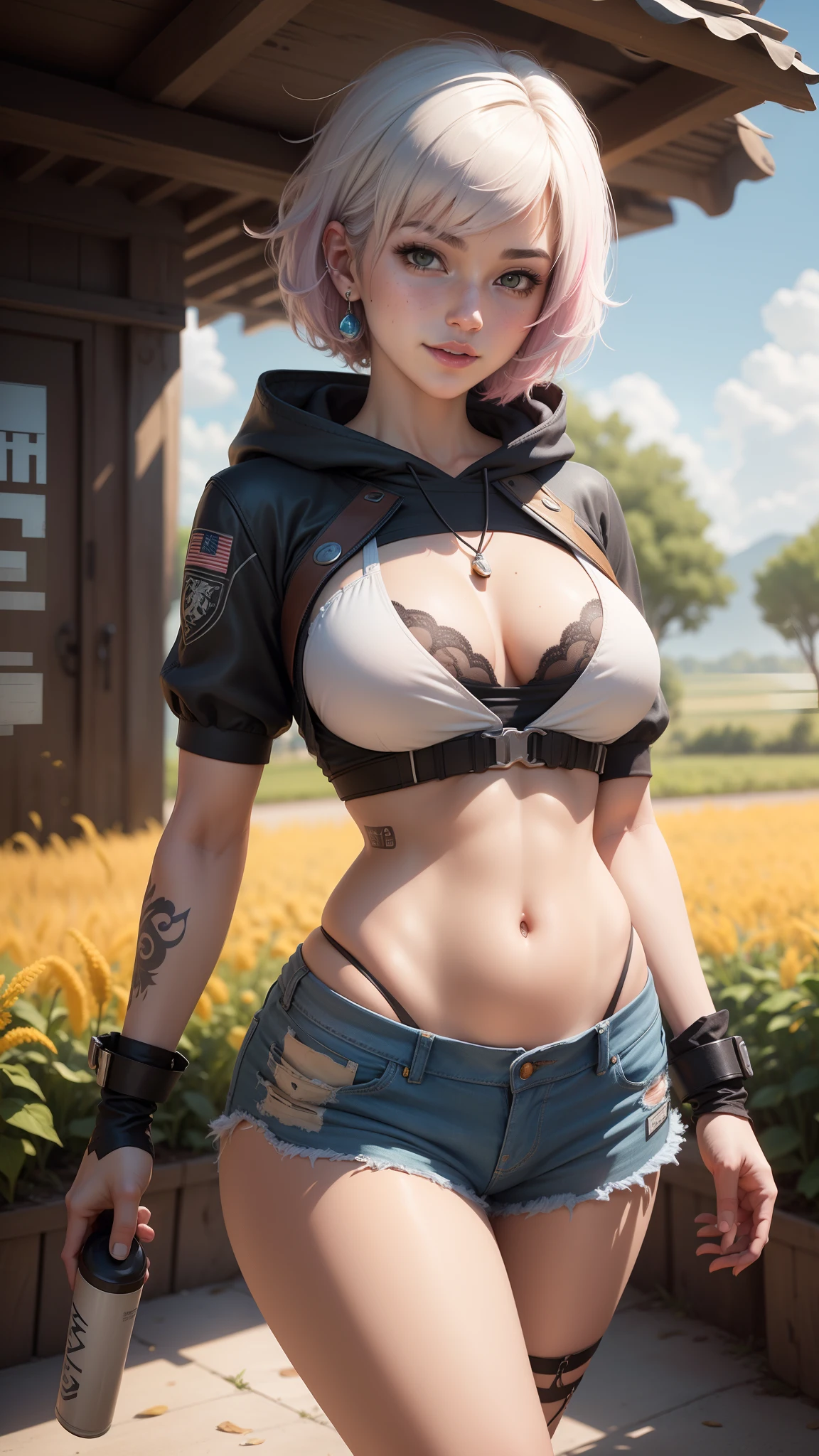 gwen tennyson,tracer,y'shtola rhul,yorha 2b,overwatch,nier automata,mecha pilot,ranch,tattoos,orange and pink plugsuit,white short sleeve rancher top,denim micro shorts,uncovered belly,short hair,punk makeup,green eyes,multicolored silver hair,sexy smile,freckles,beautiful girl,large breasts,8k,ultra detailed,realistic,fantasy art,ear piercings,rancher uniform,saiyan girl,short sleeve cowboy hoodie,corn field,walking,chain necklace,straw hat,