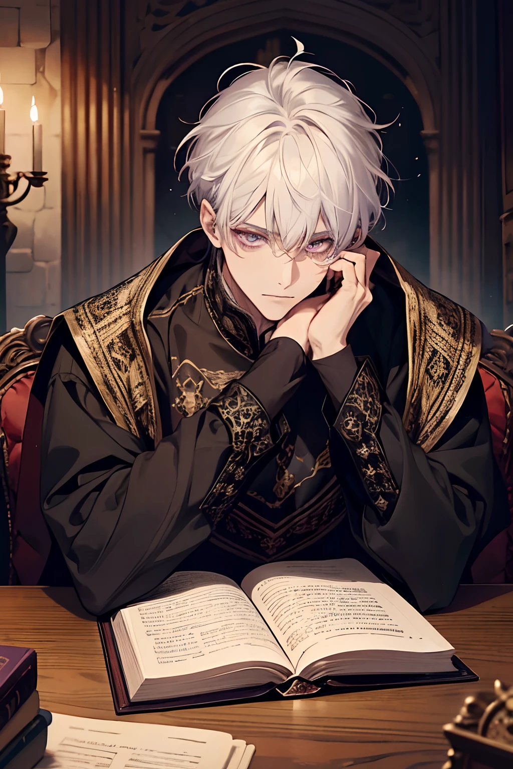 1male, calm, adult, age 35 face, short messy with bangs, white hair, amethyst colored eyes, royalty, prince, wears black clothing, in a castle, adult face, medieval times, close up, sitting at a table with a book, two hands, calm