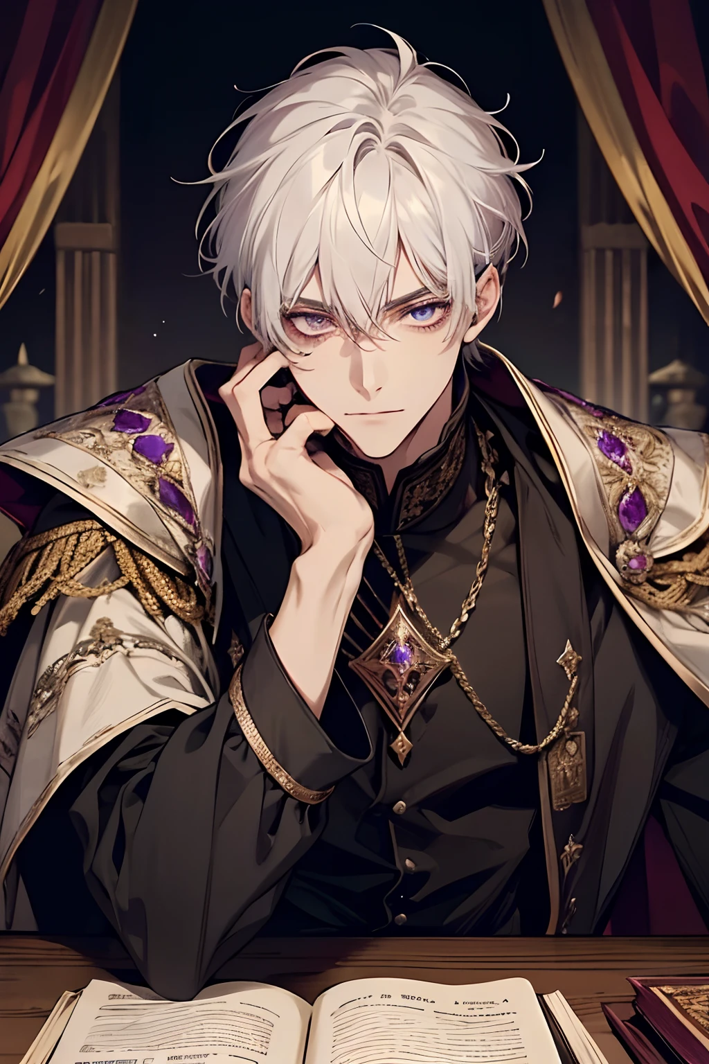 1male, calm, adult, age 35 face, short messy with bangs, white hair, amethyst colored eyes, royalty, prince, wears black clothing, in a castle, adult face, medieval times, close up, sitting at a table with a book, two hands, calm