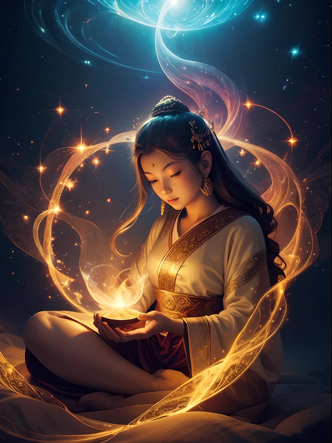 (Masterpiece:1.2), Best quality, Divine, cosmic, Zen, Buddha, Light particle currents, fiery, illustration, A fairytale masterpiece, Vibrant colors, Ethereal lighting