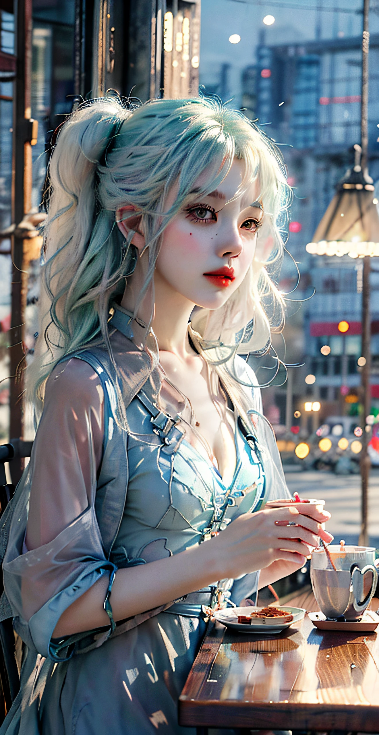 anime girl with blue hair sitting at a table with a cup of coffee, artwork in the style of guweiz, detailed digital anime art, anime art wallpaper 4k, anime art wallpaper 4 k, anime art wallpaper 8 k, anime style 4 k, beautiful anime portrait, digital anime art, digital anime illustration, 4k anime wallpaper
