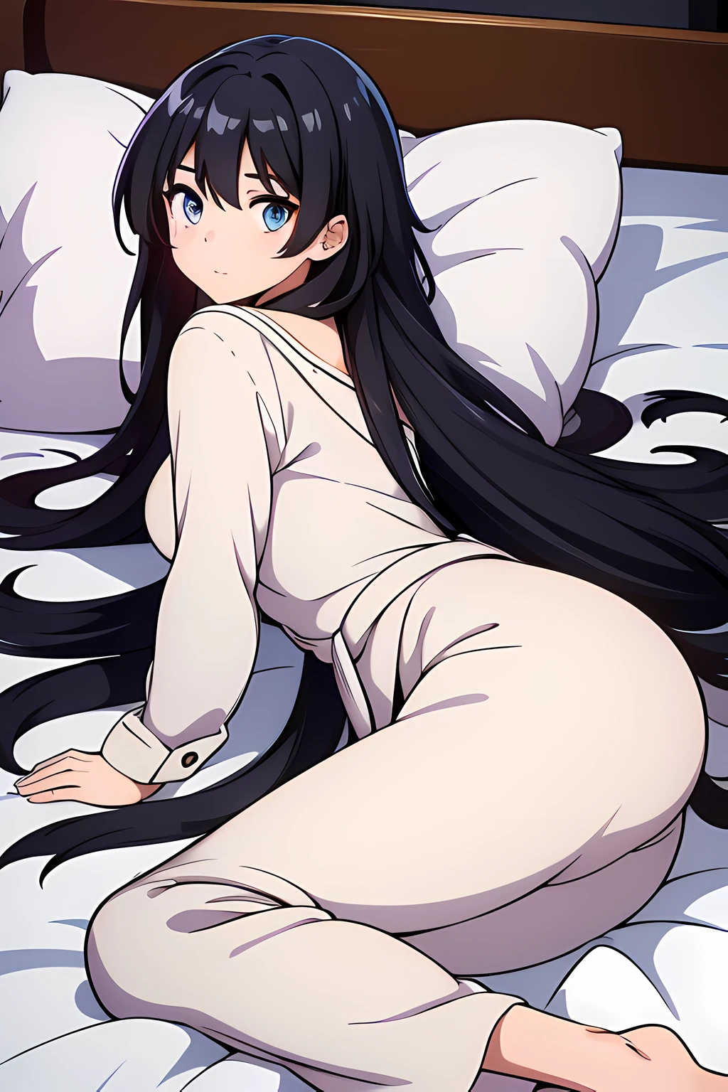 (1girl in),(beautiful eyes finely detailed, Face to detail, black hair, long hair), wearing long white shirt, lying down her back in bed, and shy facial expression, looking at viewers, camera angle from front, full body, masterpiece sidelighting, masterpiece, top-quality, detailed, High resolution illustration