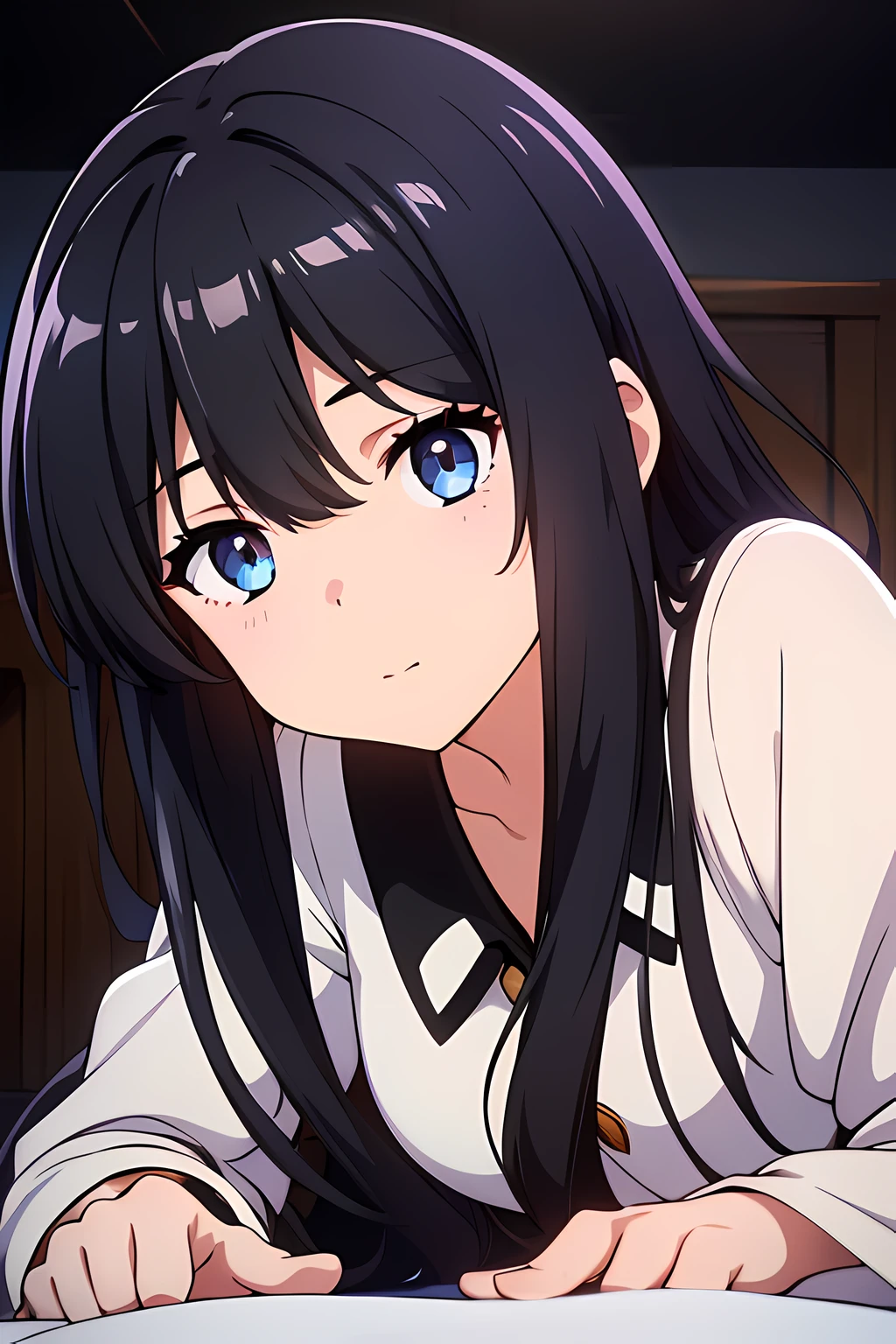 (1girl in),(beautiful eyes finely detailed, Face to detail, black hair, long hair), wearing long white shirt, lying down her back in bed, and shy facial expression, looking at viewers, camera angle from front, full body, masterpiece sidelighting, ​masterpiece, top-quality, detailed, High resolution illustration