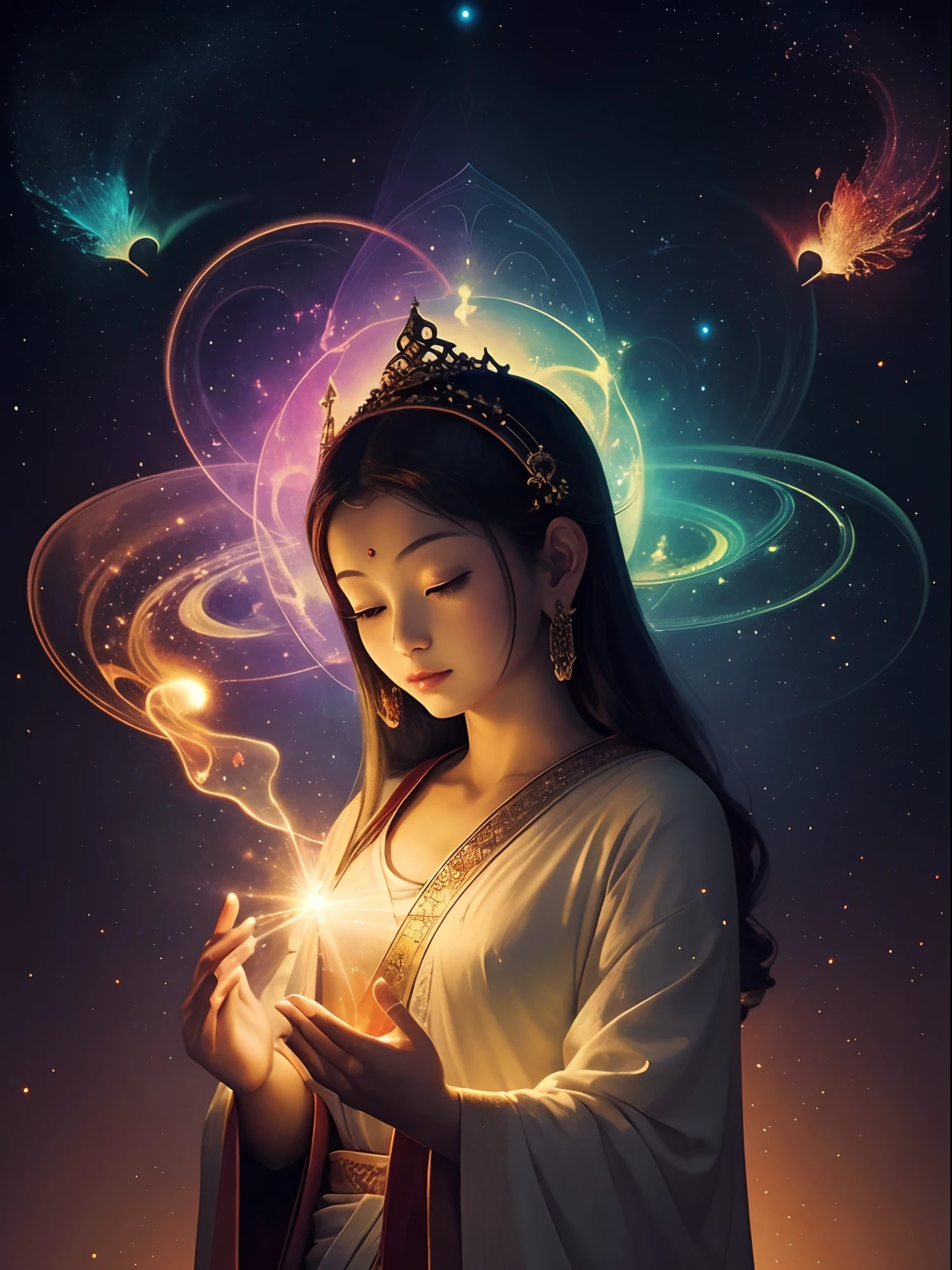 (Masterpiece:1.2), Best quality, Divine, cosmic, Zen, Buddha, Light particle currents, fiery, illustration, A fairytale masterpiece, Vibrant colors, Ethereal lighting
