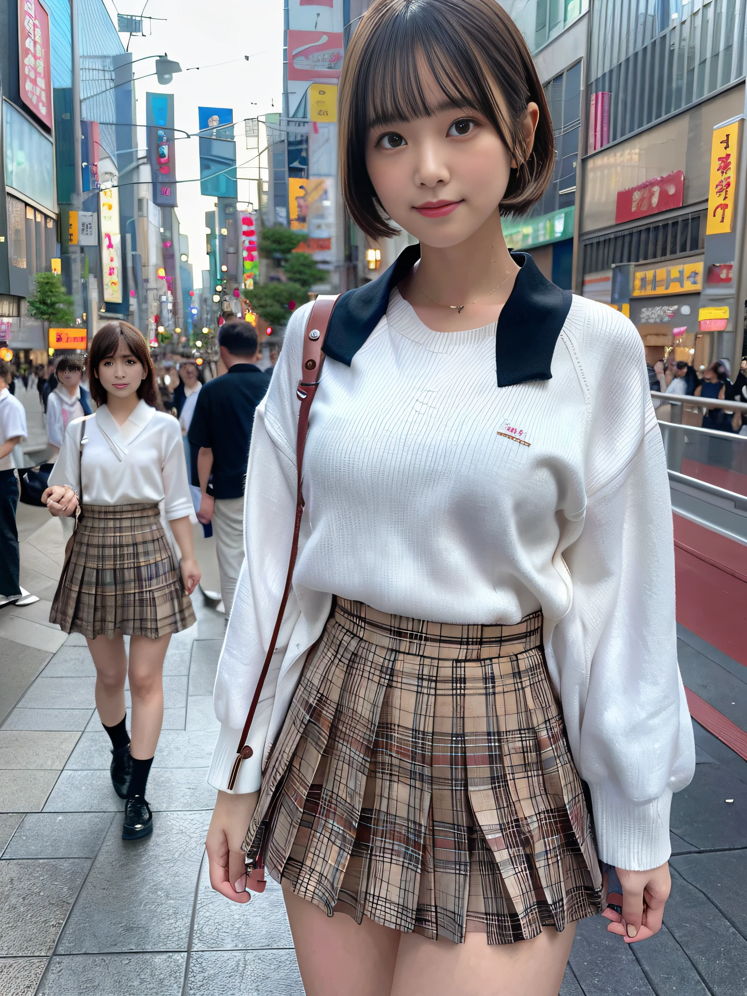 Ultra top quality, masterpiece, ultra high resolution, (photorealistic: 1.4), highly detailed CG Unity 8k wallpaper, detailed and complex, original, high resolution, raw photos, (perfect body shape), finely complex, DSLR, soft lighting, high quality, film grain, depth of field, Leica camera, 50mm lens, backlight, HDR, hyperrealistic, color grade, dynamic pose, portrait, Japan person, smile, lips, short hair, bangs, (crowded Akihabara: 1.2), front view viewer, natural light, girl, 20 years old, full body, solo, student, high school, uniform, sailor color, bobby socks, pleated skirt, daytime, street, deep shadow, cute, beauty, modest, cold light 12000K\\ street, store state, Akihabara, Shinjuku, Shibuya, Ikebukuro, detailed realism, skin texture, super detailed, realistic skin texture, (dramatic, award-winning photos, incredible masterpieces: 1.3)
