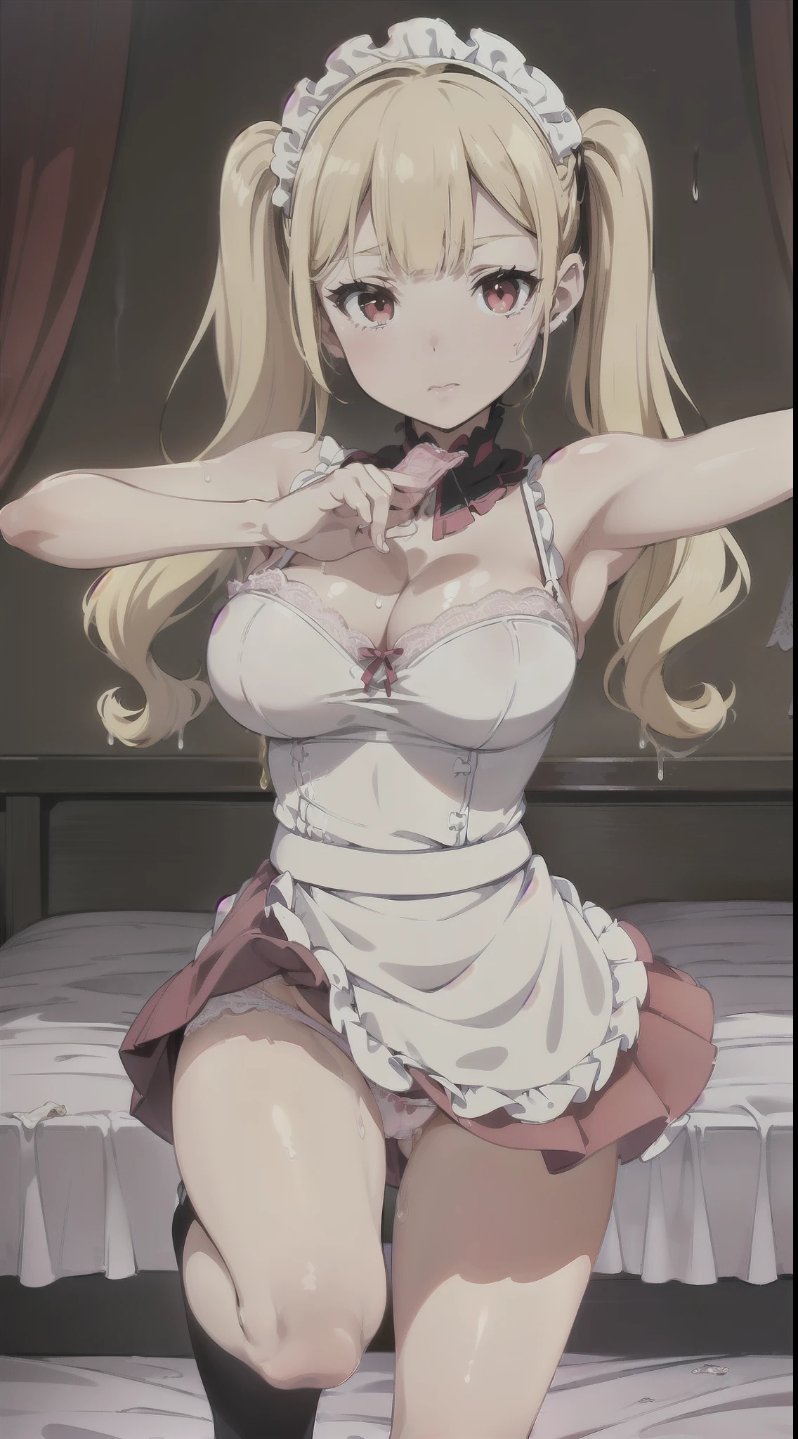 ((Beautuful Women)),(large udder:1.6),(((natta))),(((detail portrayal))),(((blondehair:1.6))),(((Wavy Hair))),(((Long Side Twin Tails))),(((a small face))),(((Less bangs))),(((Blunt bangs))),(((Red Eyes))),(masterpiece)), (((Hanging eyes))),((top-quality)),((Vivid light and shadow depiction)), (The ultra-detailliert), ((kawaii)), (((Toned body))),cute little,(((Beautiful body lines))), (Detailed body line depiction), ((detailed face depiction)),((ighly detailed)), (8K), top-quality, (Beautiful fece),(((World-class quality))), ighly detailed, hight resolution,(((Anime filling))),(((de pele branca))),(((White liquid drips on the body))),(((Used condoms are scattered on the bed))),(((Maid clothes with pink ruffles))),(((White lace panties))),(((Pull up your skirt to show your panties))),(((deadpan))),(((red blush))),(((Standing on one leg on the bed:1.6))),(((raise her legs))),(((Detailed depiction of panties))),(((Composition seen from the front))),(((composition seen from below))),(((Looking down))),(((Open your legs to show your crotch))),(((Show your crotch))),(((Black knee socks))),(((dutch angle)))