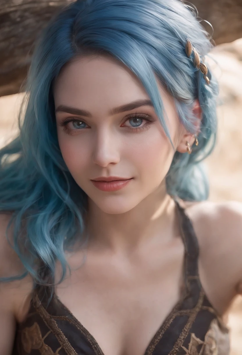 Woman with blue hair and piercing smiling, sitting on bedroll, Portrait of Jinx from the movie "Arcane", jinx face, extremely detailed artgerm, Джинкс из League of Legends, rossdraws cartoon vibrant, inspired by Ross Tran, jinx expression, ross tran style, artgerm detailed, trending artgerm, artgerm and atey ghailan