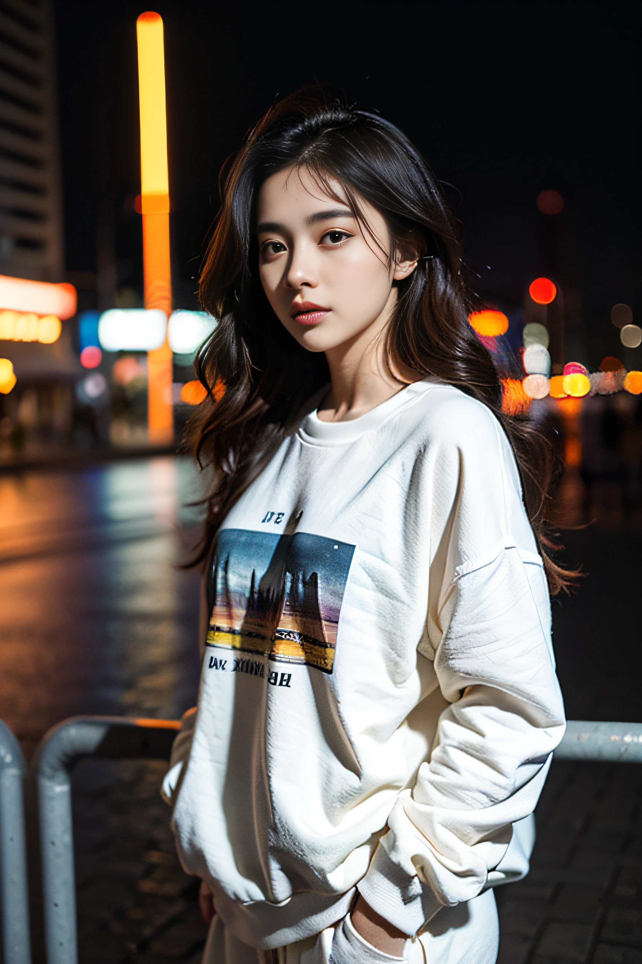 23 years old girl, beautiful, wavy hair, almond eyes, no make up, white sweatshirt, oversize_shirt, sweatpants, in front of fence, night city, cyberpunk vibes, close up, (photorealistic:1.2), (ultra realistic:1.3), (very detailed:1.1), ((masterpiece)),