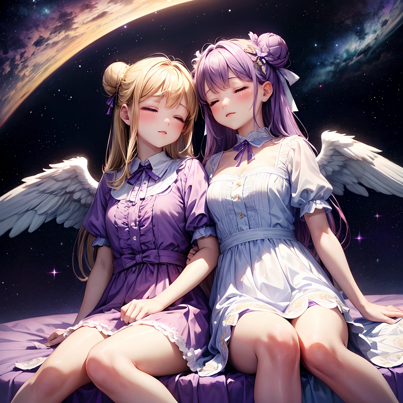 two beautiful angels in a purple and white dress sitting on clouds looking up at the universe, multiple girls, 2girls, dress, closed eyes, ribbon, hair bun