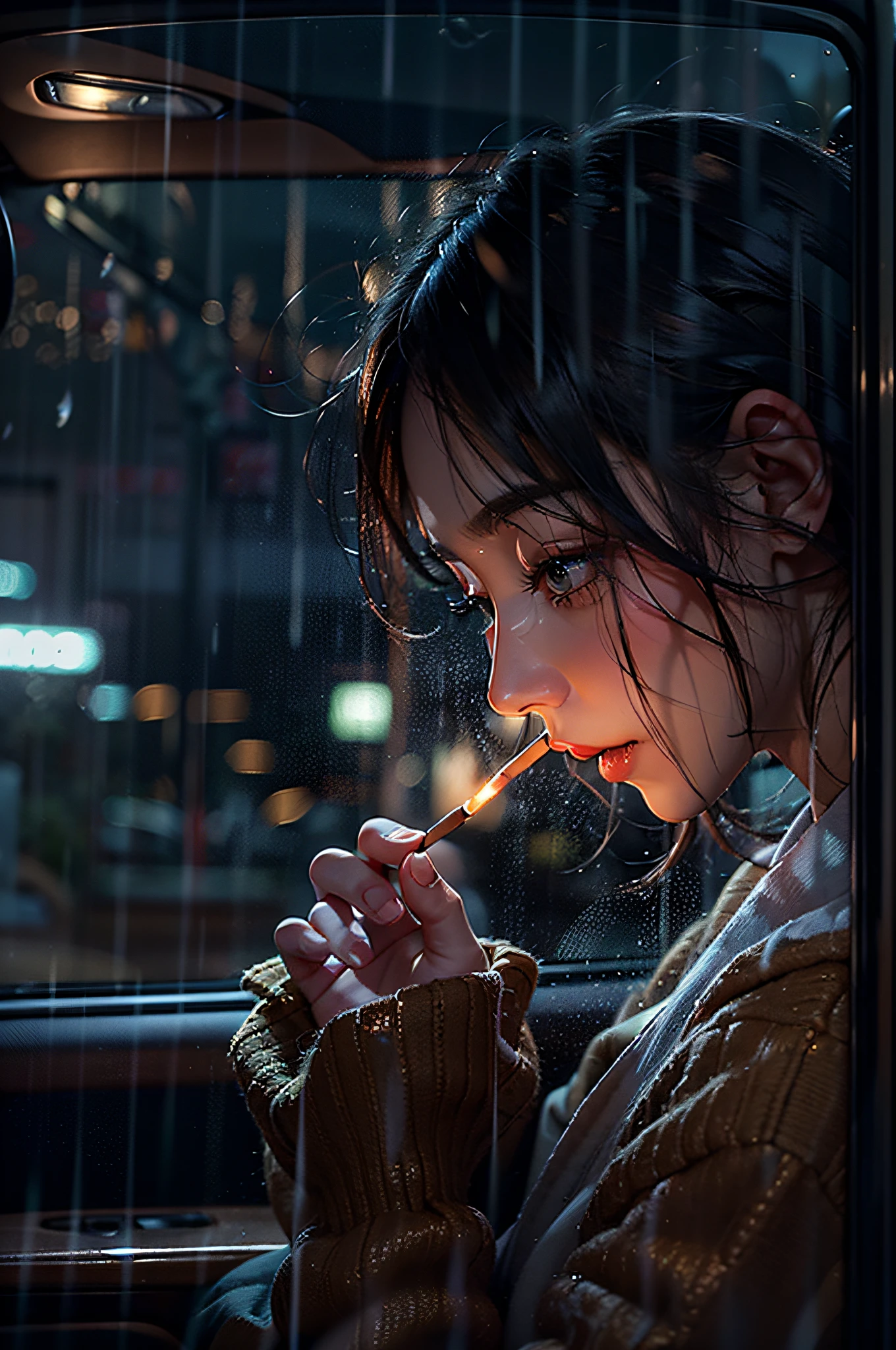 Masterpiece、top-quality、Photorealsitic、A hyper-realistic、Rainy night、She is looking at the profile of a man smoking a cigarette from the passenger seat watching raindrops hitting the windshield from inside the car on a rainy night、It's dimly lit in the car、Only the tip of the cigarette lights red、Smoky in the car