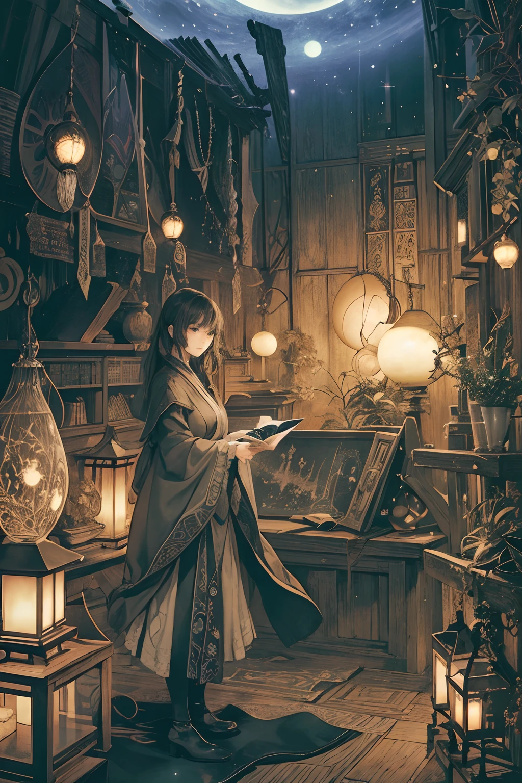 Arthur Rackham, Yasuko Sakata, Surreal, mysterious, strange, fantastical, fantasy, Sci-fi, Japanese anime, history of the universe and the elements, movement of the sun and moon, stars, "natural events" such as solar and lunar eclipses, comets, etc. Astronomical museum, book as a model of the universe, detailed masterpiece