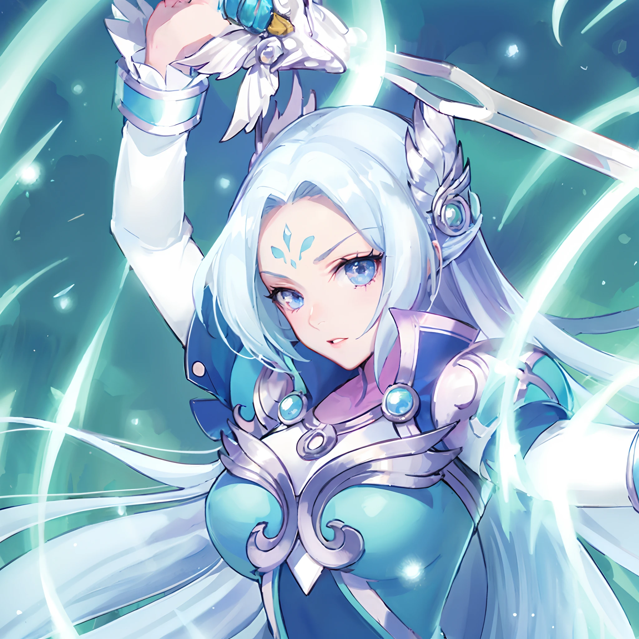 anime girl with white hair and blue dress holding a sword, Portrait Chevaliers du Zodiaque Fille, ice sorceress, Beautiful celestial mage, knights of zodiac girl, maya ali as a wind mage, high detailed official artwork, white-haired god, Ice Mage, Anime fantasy illustration, crisp clear rpg portrait, Beautiful young wind spirit, in opal armor