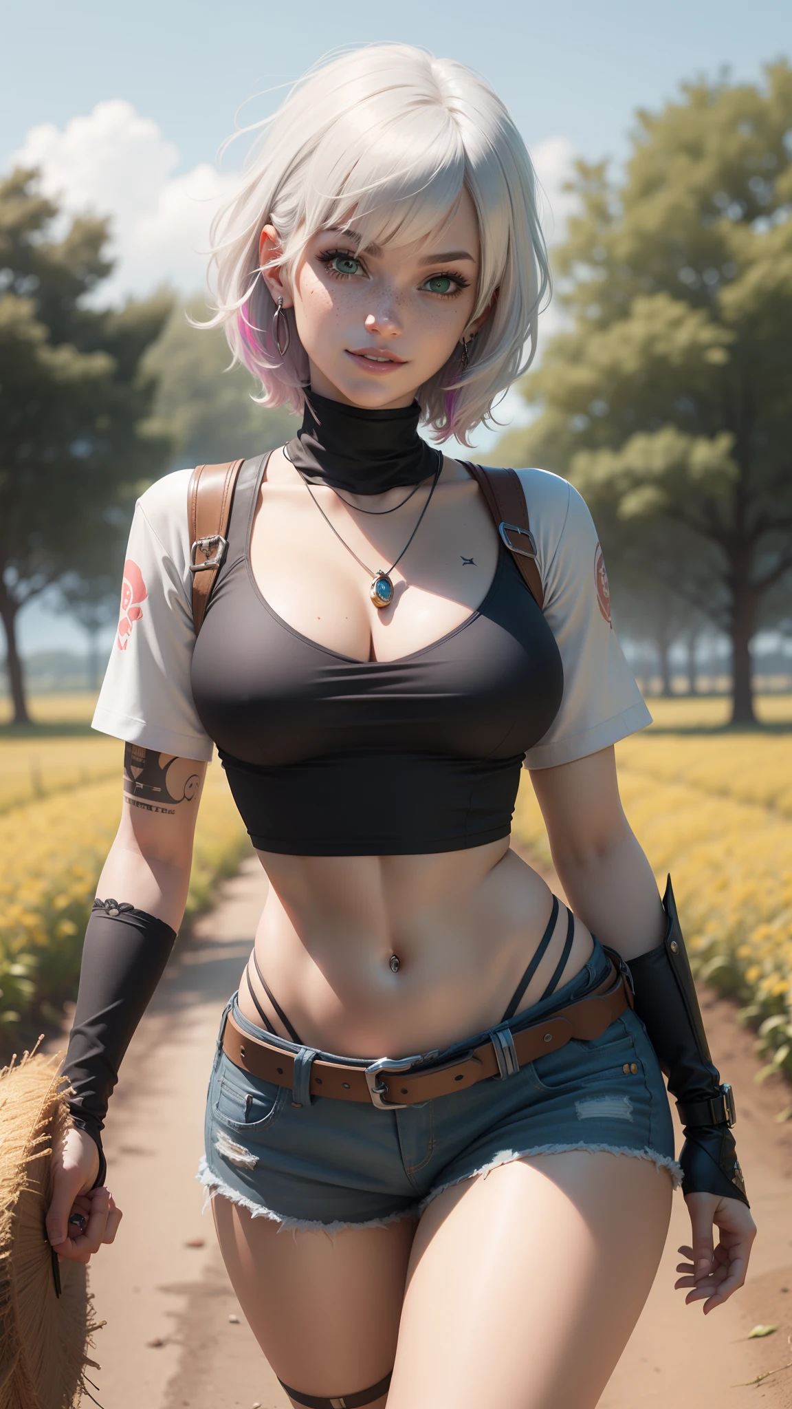 gwen tennyson,tracer,y'shtola rhul,yorha 2b,overwatch,nier automata,mecha pilot,cherry blossom,tattoos,orange and pink yukata,white short sleeve silk top,micro cargo shorts,uncovered belly,short hair,punk makeup,green eyes,multicolored silver hair,sexy smile,freckles,beautiful girl,large breasts,8k,ultra detailed,realistic,fantasy art,punk girl,ear piercings,samurai uniform,steel armor,pink short sleeve kimono hoodie,graffiti wall art,beads necklace,long ninja scarf,walking,