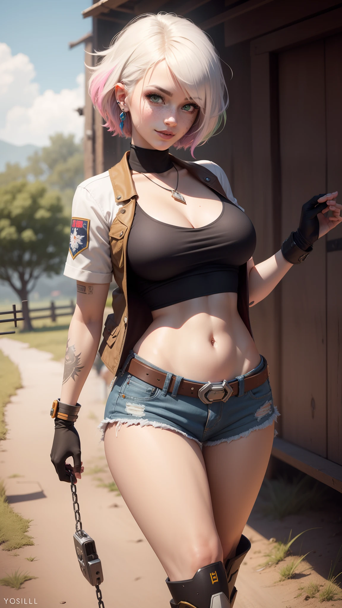 gwen tennyson,tracer,y'shtola rhul,yorha 2b,overwatch,nier automata,mecha pilot,ranch,tattoos,orange and pink plugsuit,white short sleeve cowboy top,denim micro shorts,uncovered belly,short hair,punk makeup,green eyes,multicolored silver hair,sexy smile,freckles,beautiful girl,large breasts,8k,ultra detailed,realistic,fantasy art,ear piercings,rancher uniform,saiyan girl,short cowboy vest,cowboy belt,hay field,walking,chain necklace,straw hat,