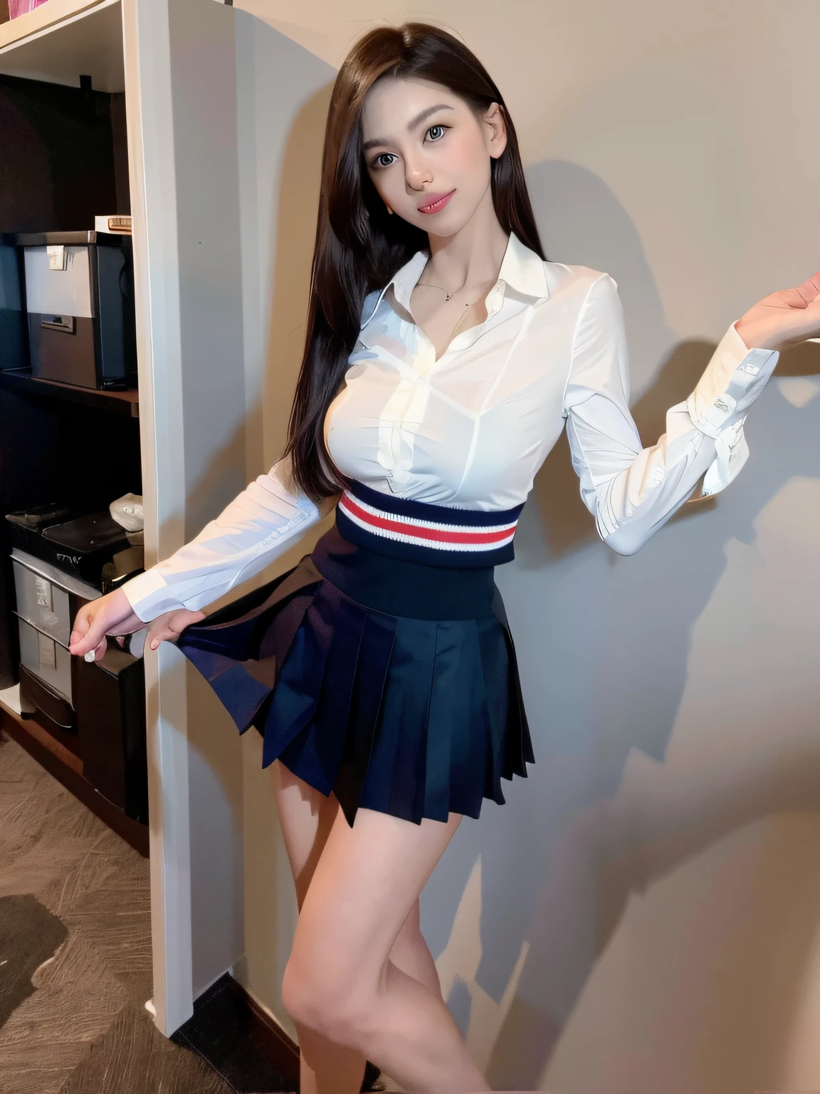 best quality, (photorealistic:1.2), 1girl, solo, best quality, ultra high res, (photorealistic:1.4), 1girl,solo, full lips, a sultry gaze, school uniform, A sexy student might possess a confident and alluring demeanor, showing a sense of self-assurance and charisma that draws people towards them.She has a toned and fit physique, and carry themselves with poise and grace. Her clothing and style might be fashionable and tasteful, accentuating their best features while maintaining a sense of class and elegance, very_long_hair, full body, medium breasts,  long_legs, pleated skirt, (pantyhose:0.8).