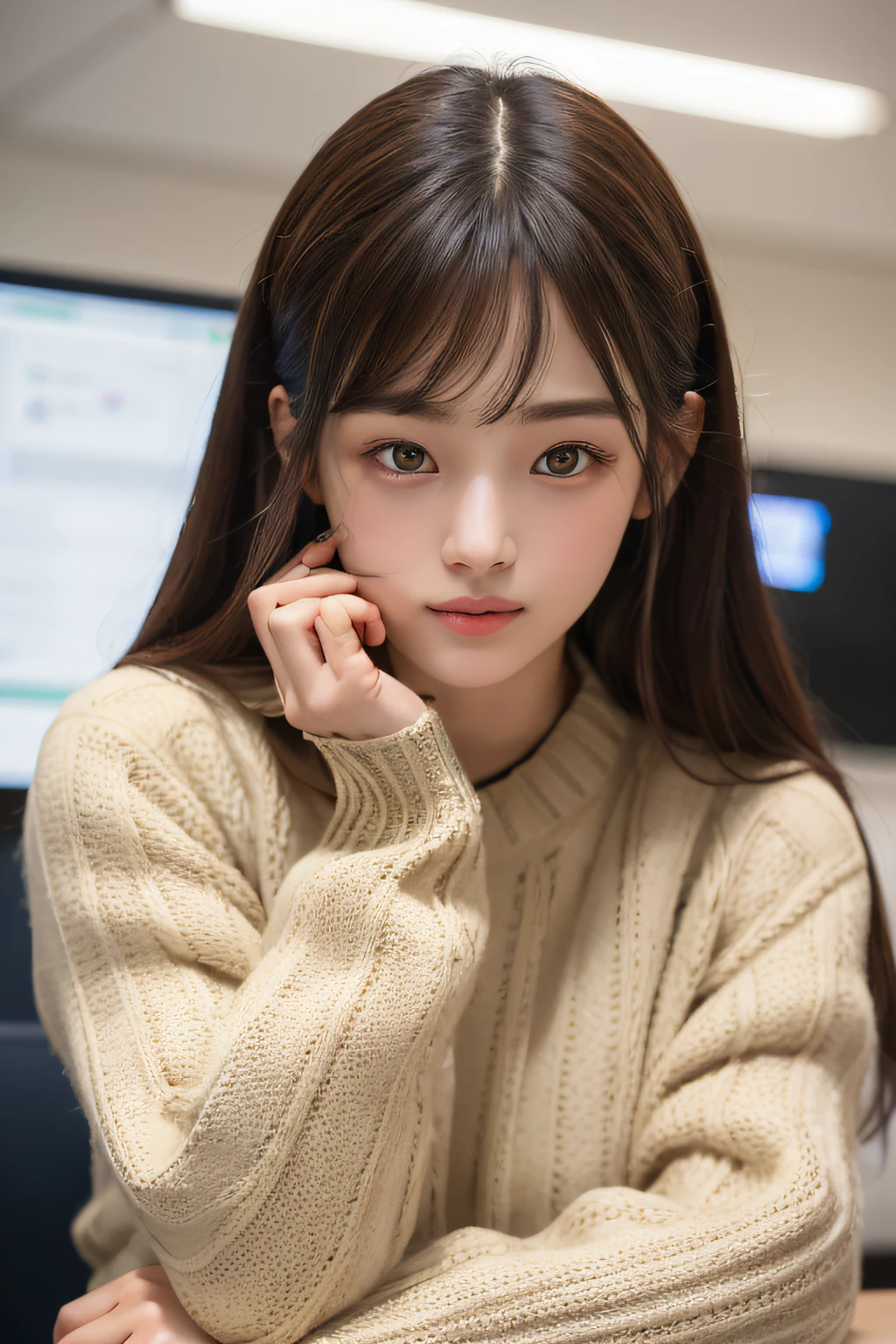 1girl in, Sternenauz, flush, Perfect Illumination, brown haired, side-swept bangs、Green eyes, Beige Oversized School Sweater , Seitenbereuchtung, hyperdetailed face, 4K, pony, glistning skin, s Office, Dynamic Pose、(miscievous smile:0.4)