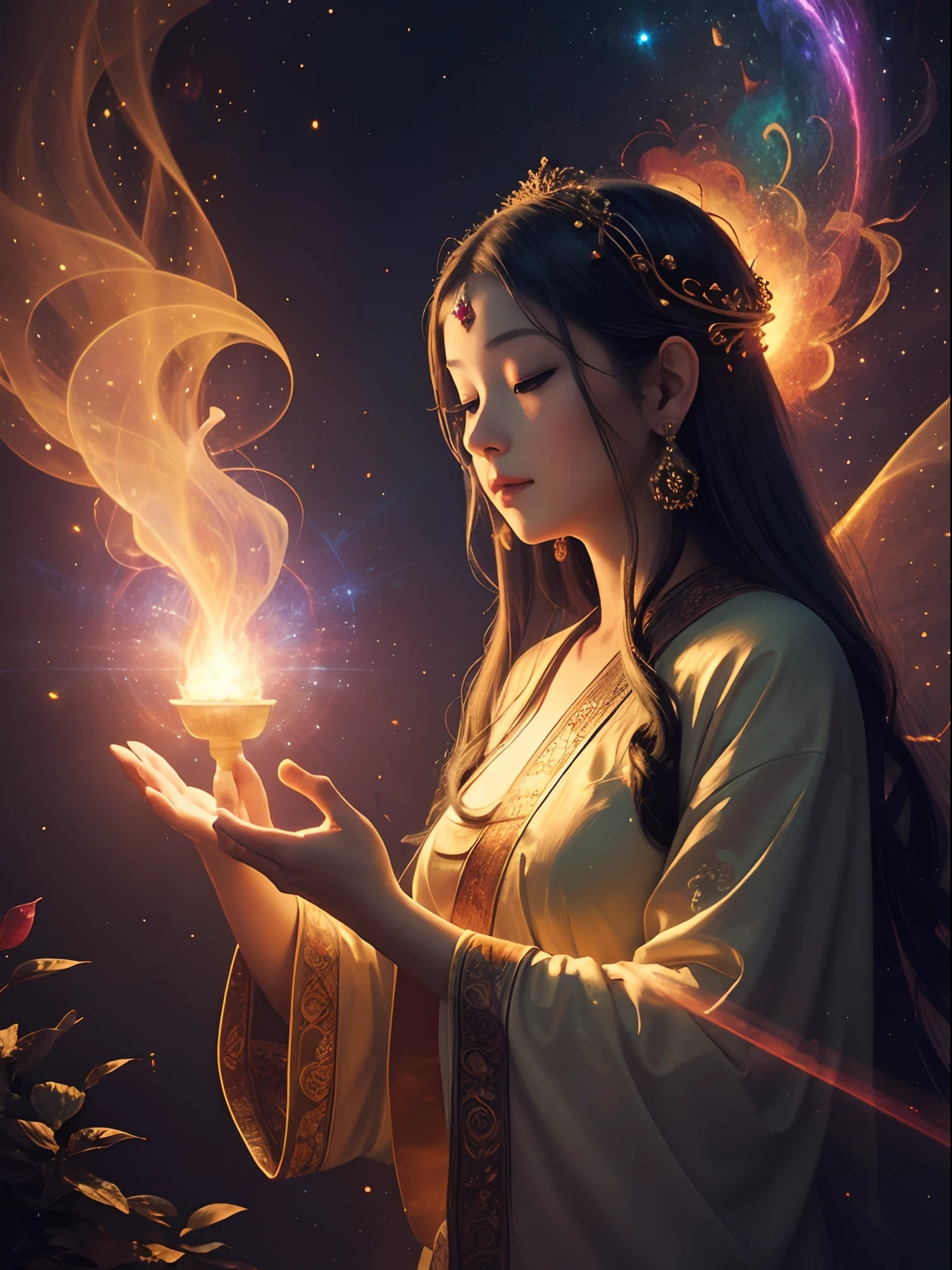(Masterpiece:1.2), Best quality, Divine, cosmic, Zen, Buddha, Light particle currents, fiery, illustration, A fairytale masterpiece, Vibrant colors, Ethereal lighting