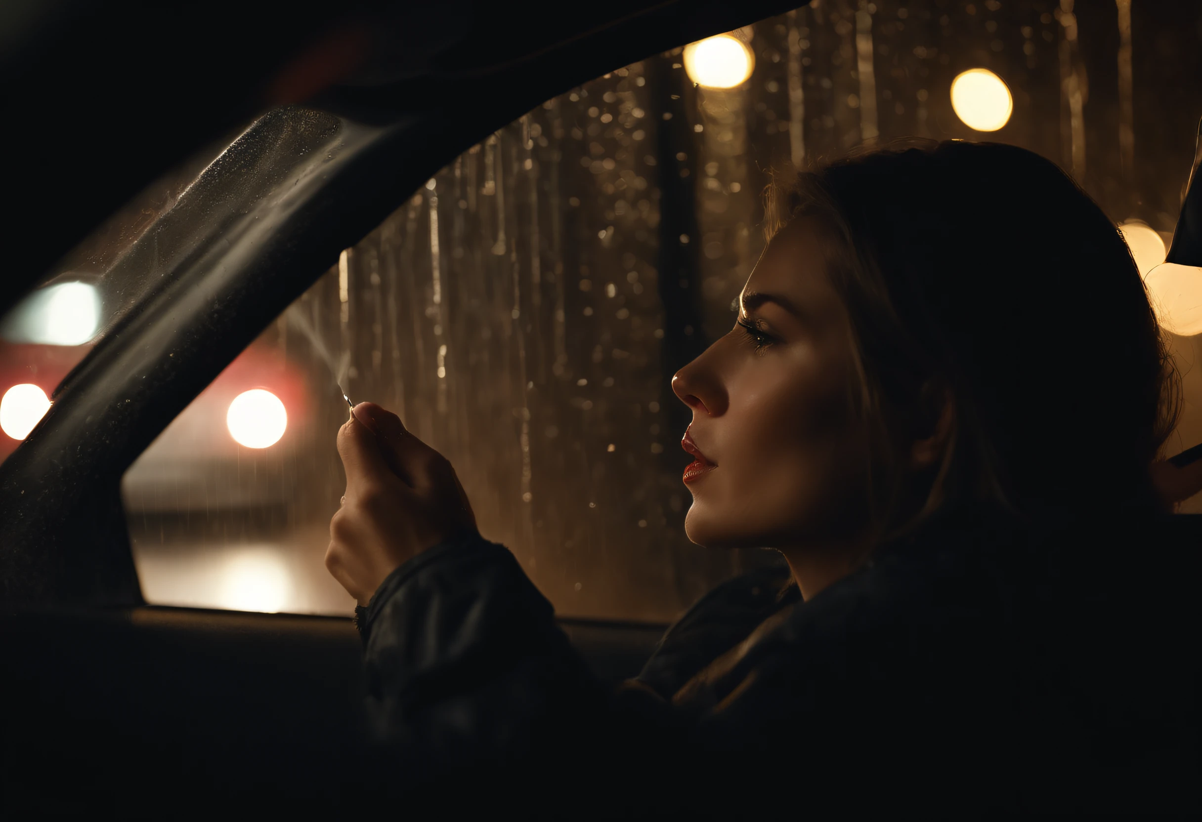 Masterpiece、top-quality、Photorealsitic、A hyper-realistic、Rainy night、She is looking at the profile of a man smoking a cigarette from the passenger seat watching raindrops hitting the windshield from inside the car on a rainy night、It's dimly lit in the car、Only the tip of the cigarette lights red、Smoky in the car
