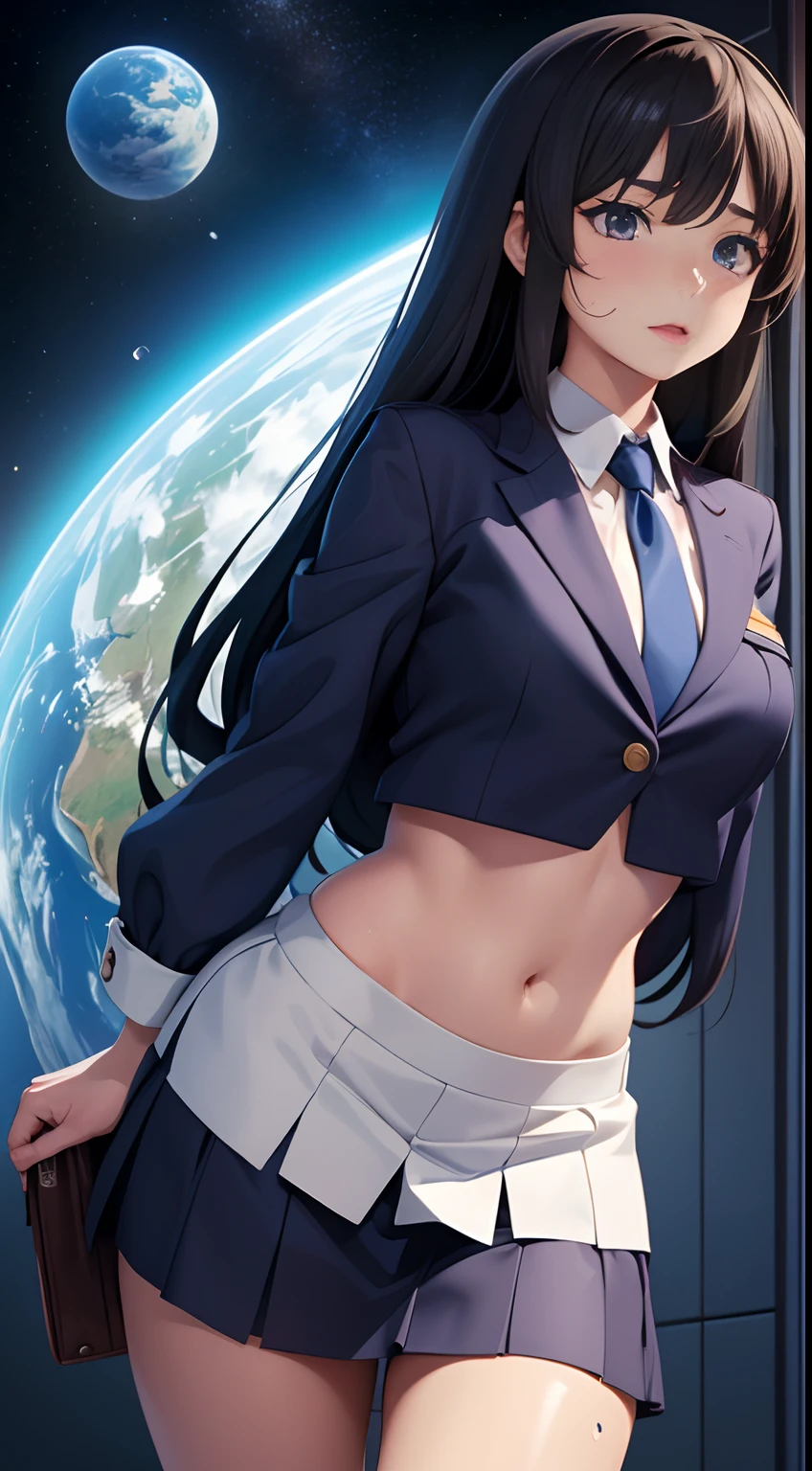 Naoyuki Kato, Angus McKie, Surreal, mysterious, strange, fantastical, fantasy, Sci-fi, Japanese anime. The heavenly world and the earthly world operate according to the same laws. Time and space are not the same for everyone. Entering a microscopic world. Gravity created by space and time, Beautiful girl in a miniskirt High school student runs through time, perfect voluminous body, half naked sweat wet wet wet wet wet skin glistening, sexy erotic embarrassed blushing, panting, detailed masterpiece,