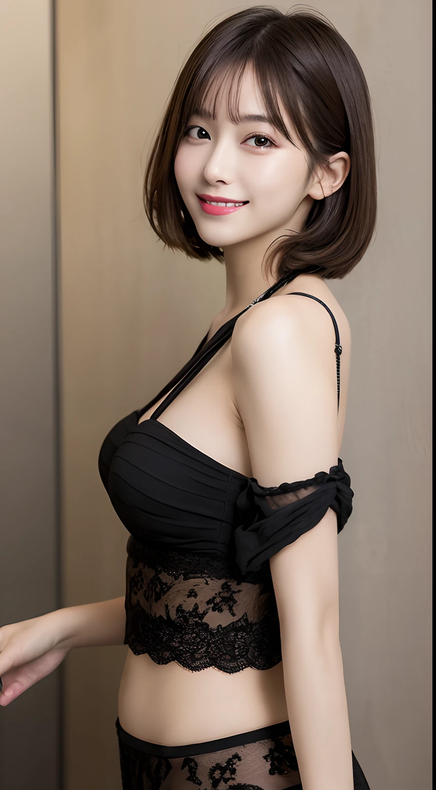 masutepiece, Best Quality, Illustration, Ultra-detailed, finely detail, hight resolution, 8K Wallpaper, Perfect dynamic composition, Beautiful detailed eyes, Women's Fashion,Very short hair,Small breasts natural color lip, Bold sexy poses,Smile,Harajuku、20 years girl、Cute、Sexy shot looking at camera