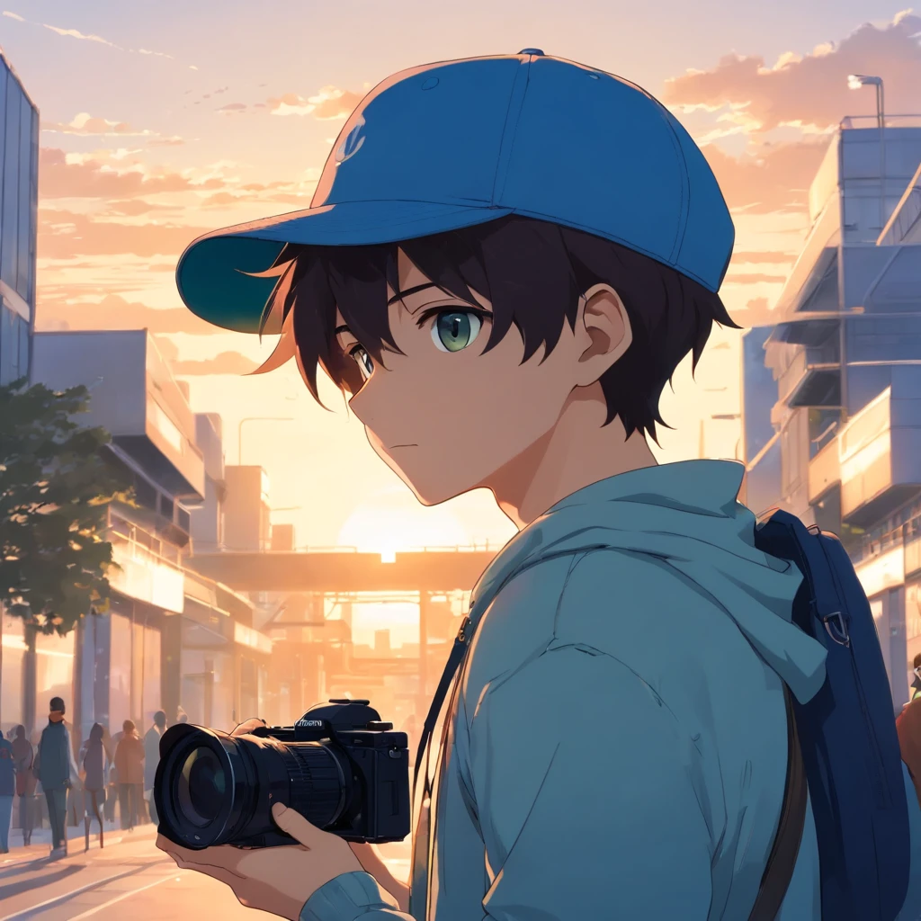 Silhouette of a boy holding a camera,(((The camera covers the face))),The boy is taking pictures on the campus,On campus(((sony camera)))The boy wears a baseball cap,The camera covers the face,((ar old)
