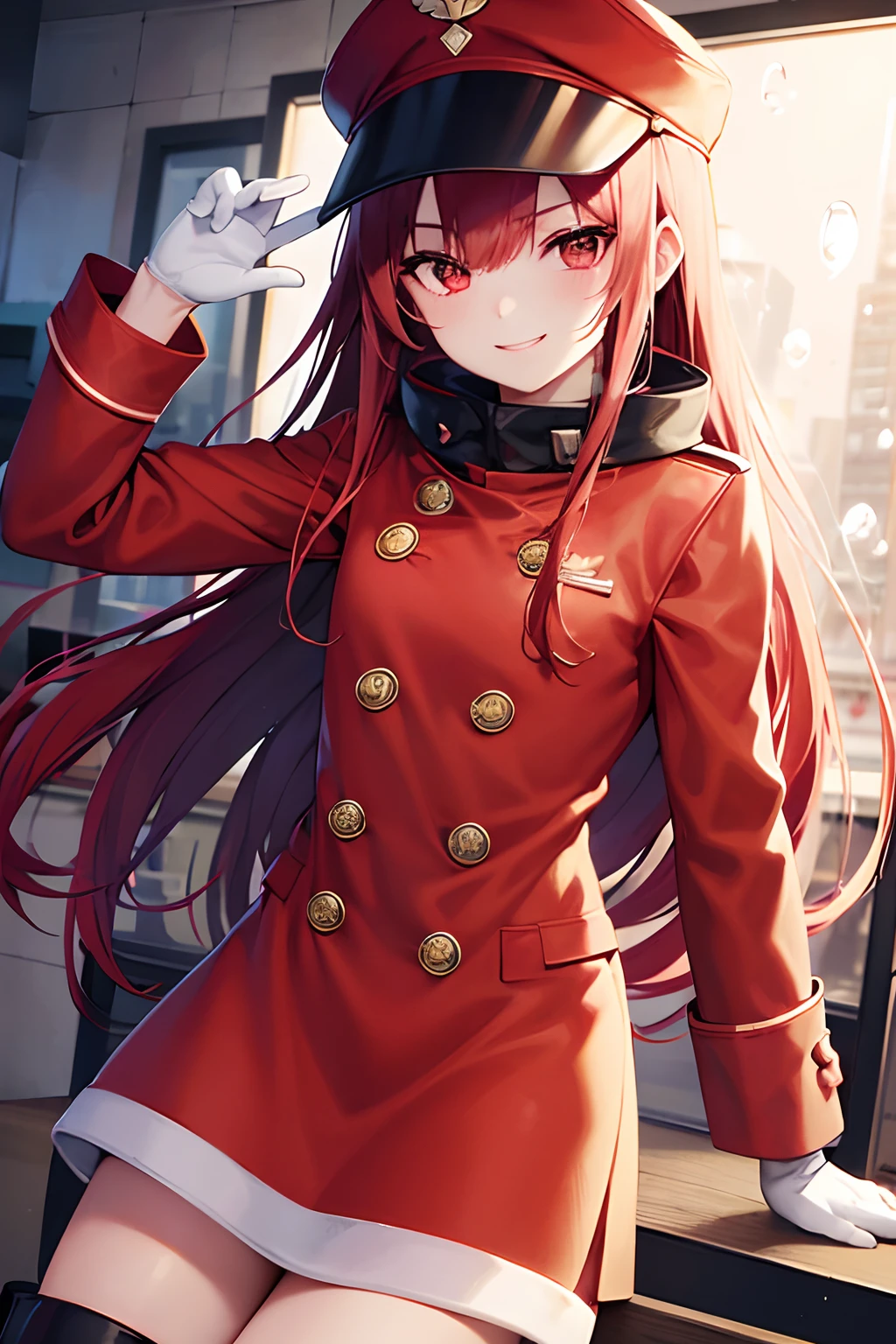 zero two, red and white military cap with a matching overcoat and boots, smiling face, office background, random pose, best quality, military element increase, bubble effect, masterpieces, light make up, a pair of small red horn, perfect body shape, red hair, sharp red pupil, 4k wallpaper quality