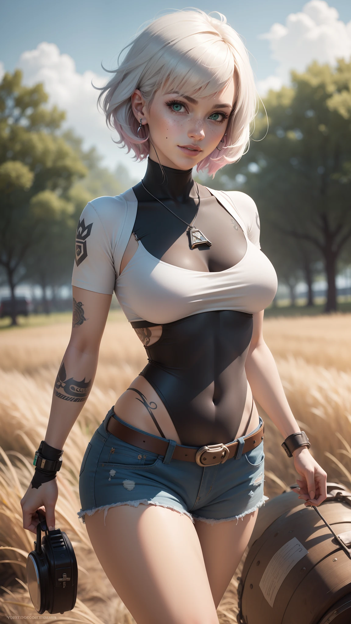 gwen tennyson,tracer,y'shtola rhul,yorha 2b,overwatch,nier automata,mecha pilot,ranch,tattoos,orange and pink plugsuit,white short sleeve lycra top,denim micro shorts,uncovered belly,short hair,punk makeup,green eyes,multicolored silver hair,sexy smile,freckles,beautiful girl,large breasts,8k,ultra detailed,realistic,fantasy art,ear piercings,rancher uniform,saiyan girl,short sleeve plaid shirt,cowboy belt, hay field,walking,chain necklace,straw hat,