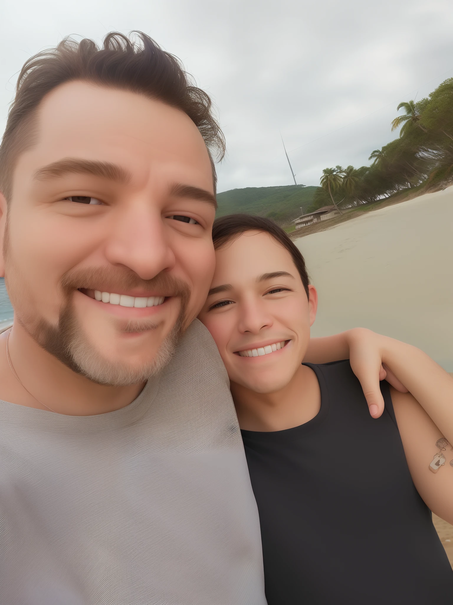 Smiling couple taking selfie on a beach with a cloudy sky, Fotografia selfie 8k (estilo pixar)