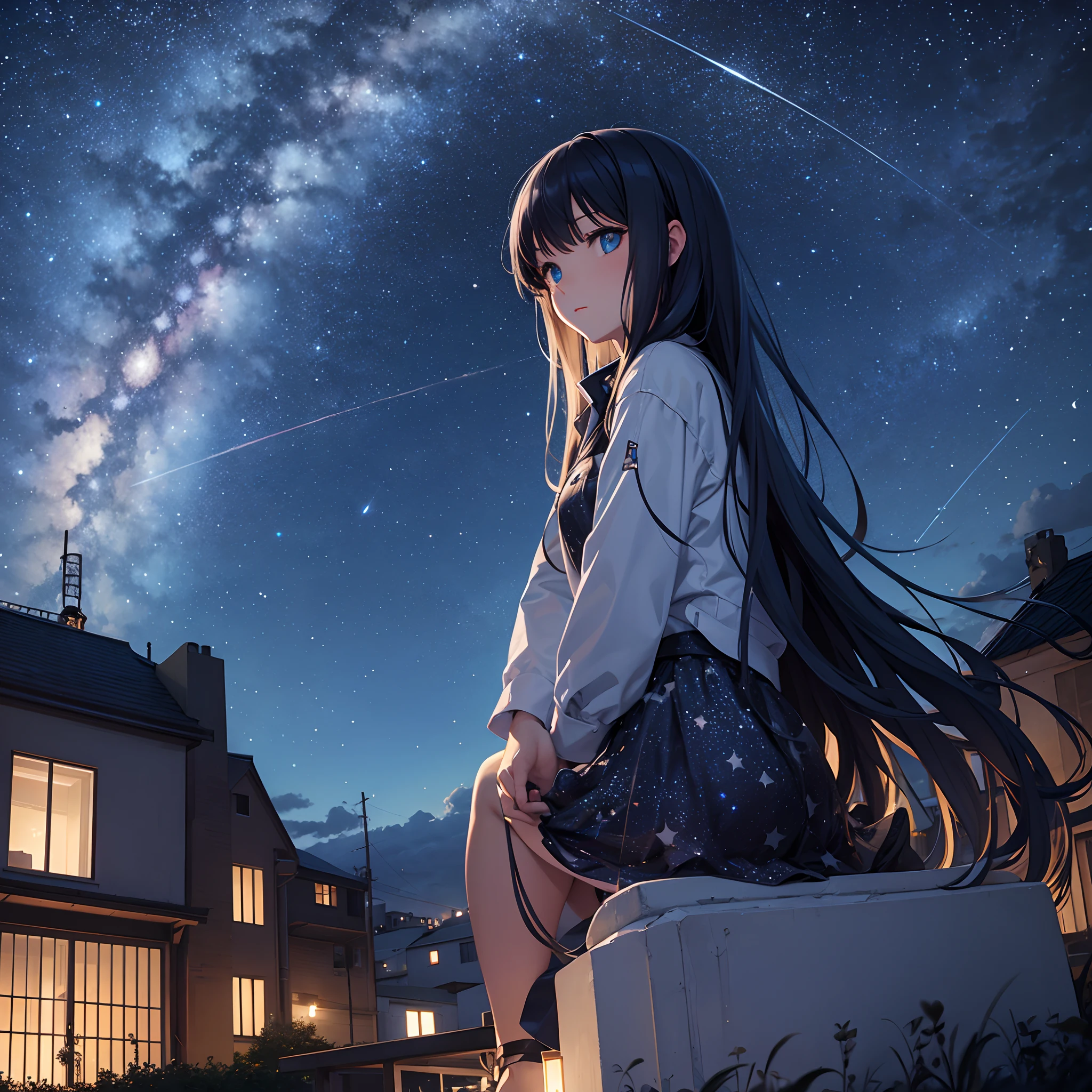octans, sky, star (sky), scenery, starry sky, night, 1girl, night sky, solo, outdoors, building, cloud, milky way, sitting, tree, long hair, city, silhouette, cityscape