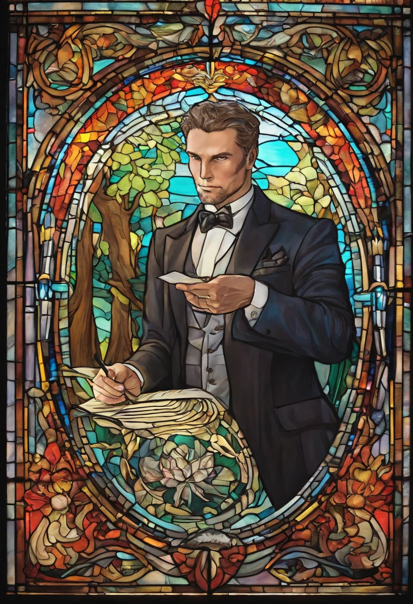 Stained Glass Portrait of Fantasy dungeons and dragons artwork depicting a man wearing a sleek black tailored suit, his hair is greasy and slicked back, age in his 40s, demeaning expression, confident pose, chisled features, sharp jaw and cheek bones, hands crossed, signing a document up against a tree in the middle of a forest, in the style of fantasy renaissance painting portrait