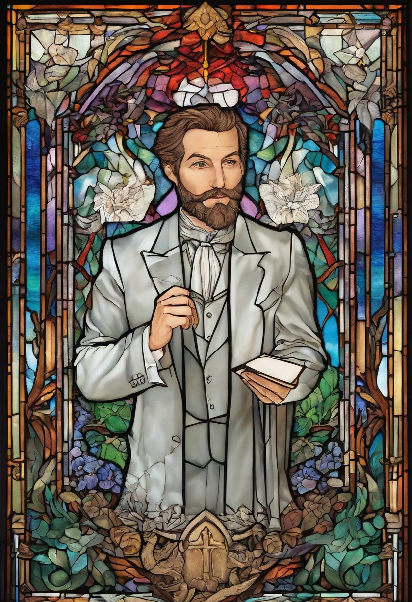 Stained Glass Portrait of Fantasy dungeons and dragons artwork depicting a man wearing a sleek black tailored suit, his hair is greasy and slicked back, age in his 40s, demeaning expression, confident pose, chisled features, sharp jaw and cheek bones, hands crossed, signing a document up against a tree in the middle of a forest, in the style of fantasy renaissance painting portrait