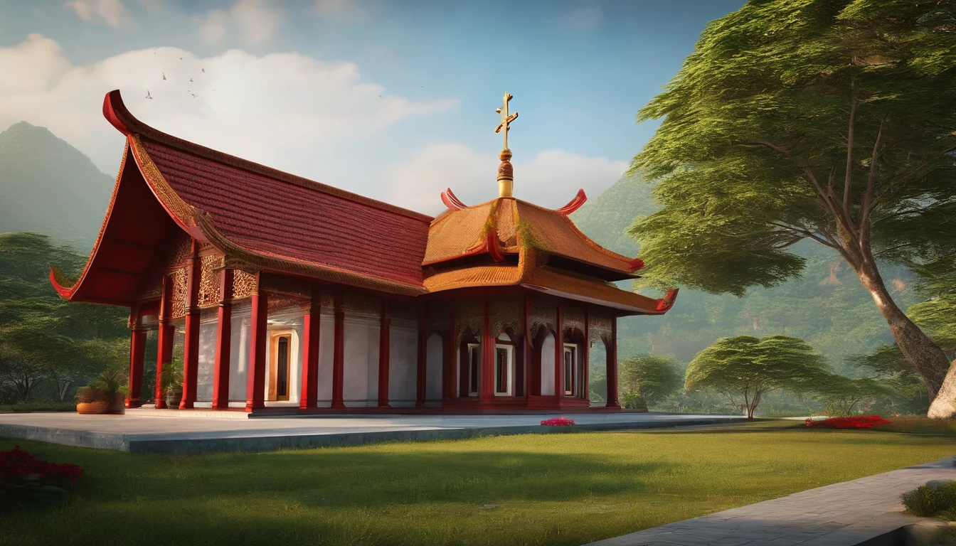 Small northern Vietnamese-style church, two red tiled roofs, wooden glass doors, (in the background are trees and grass), clear and detailed images, 8k resolution, vivid, located on a concrete floor with surrounding roads , dragon culture flower pillar, see the interior of the house, the sun is shining