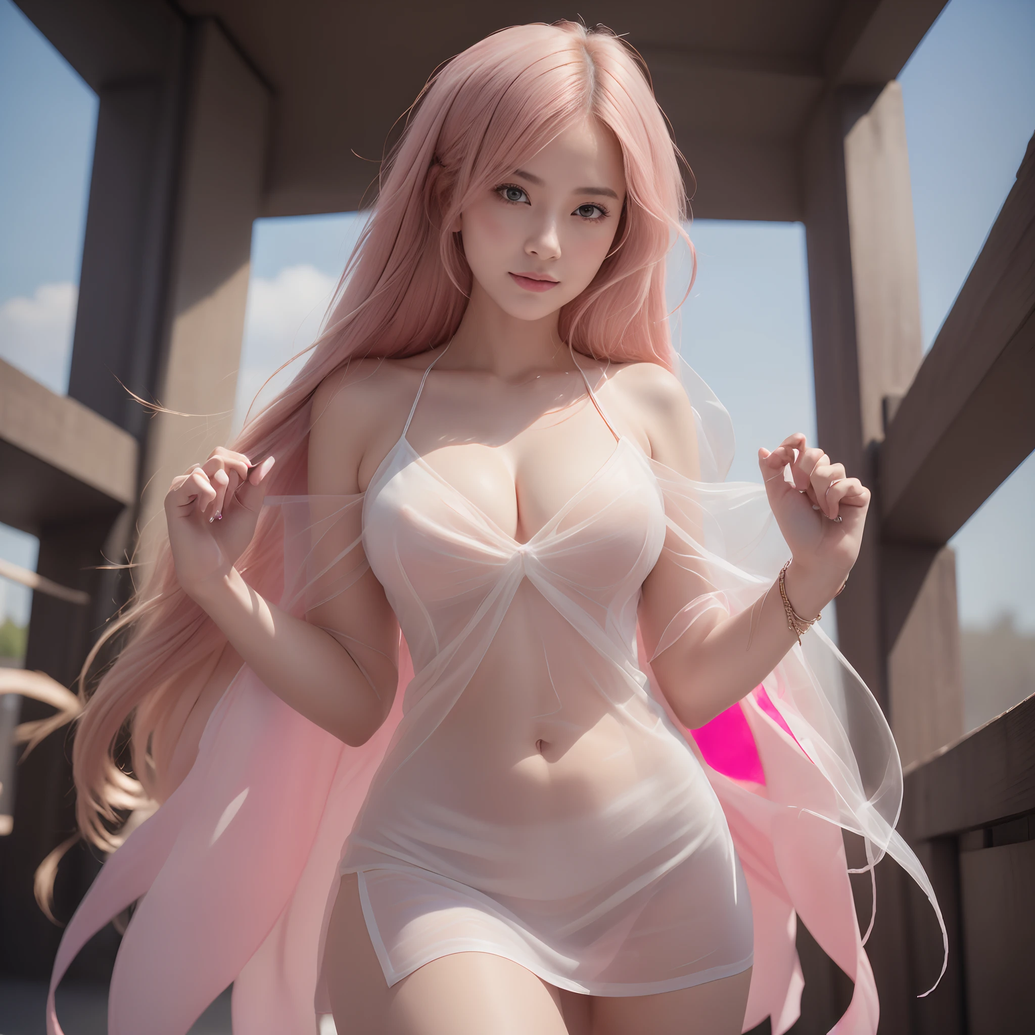 (tmasterpiece), (top-quality), (Naked:1.3), ChineseGirl,(White dress with camisole:1.2), (See-through:1.5), (Hide your crotch with both hands:1.3), (See-through:1.5), Thin fabric, (Be red in the face:1.3)、 (Overflow of:1.2)、Lower chest、 Side Chest、 a beauty girl、 embarrassing looking、 Smile、 Very cute、 Clear eyes、 Shining eyes、 Colossal tits、 The abdomen is visible、 nedium breasts、 lower abdom、 The skin、 ultra-definition、 Pink hair