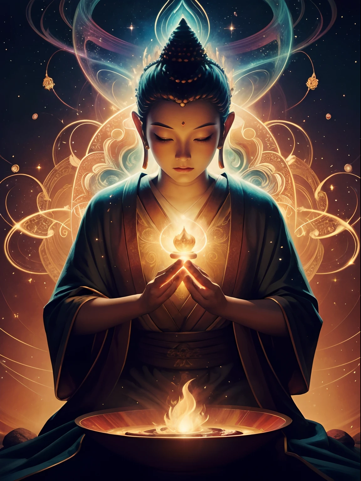 (Masterpiece:1.2), Best quality, Divine, cosmic, Zen, Buddha, Light particle currents, fiery, illustration, A fairytale masterpiece, Vibrant colors, Ethereal lighting