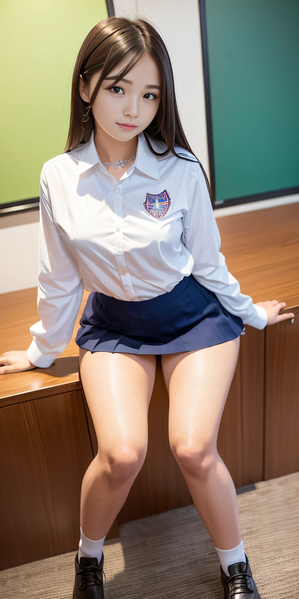 1woman 18 years old, solo, ((best quality)), ((masterpiece)), full body, looking_at_viewer, dynamic angle, ((very short))school uniform, cute, clear facial skin, very sexy, ((intricate details)))