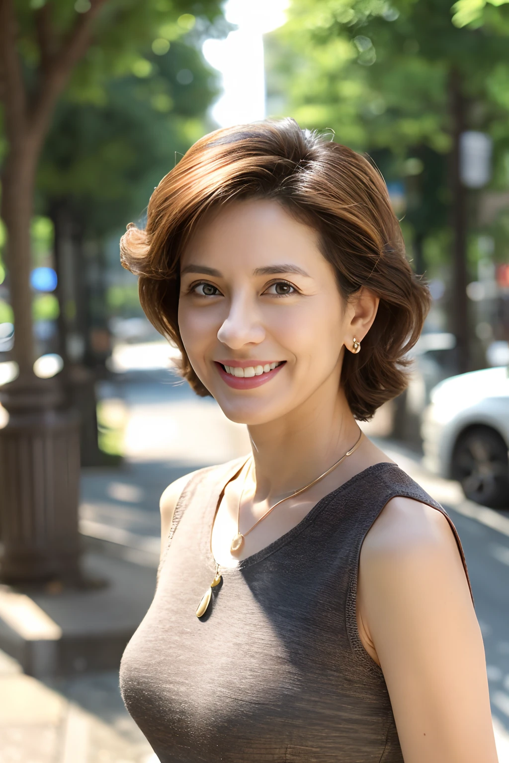 (masutepiece, Best Quality), A beautiful lady in her 40s, Detailed sleeveless turtleneck top, Pants, Necklace, Wavy Hair, Perfect face, Beautiful face, enticing, big gorgeous eyes, a smile, Happy, perfect slim fit body, (plein air), the city street, Bright colors、full bodyesbian、