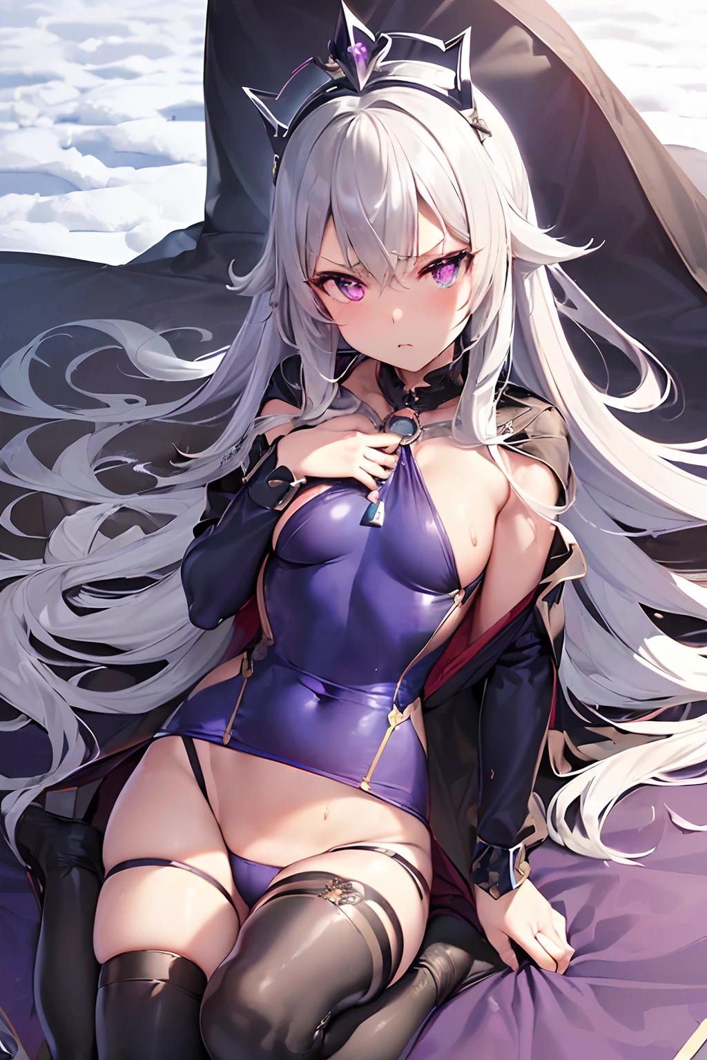 hina from blue archive, succubus, ((wet tight cute military swimsuit, demon style crown, stylish military cape, stocking, silver necklace)), ((cute perfect body shape, small breast, cold and serious aura, seducing and wind effect, detailed snow white skin, purple pupil)), best quality anime 4k wallpaper quality, extreme eye and body detail, high resolution , masterpieces