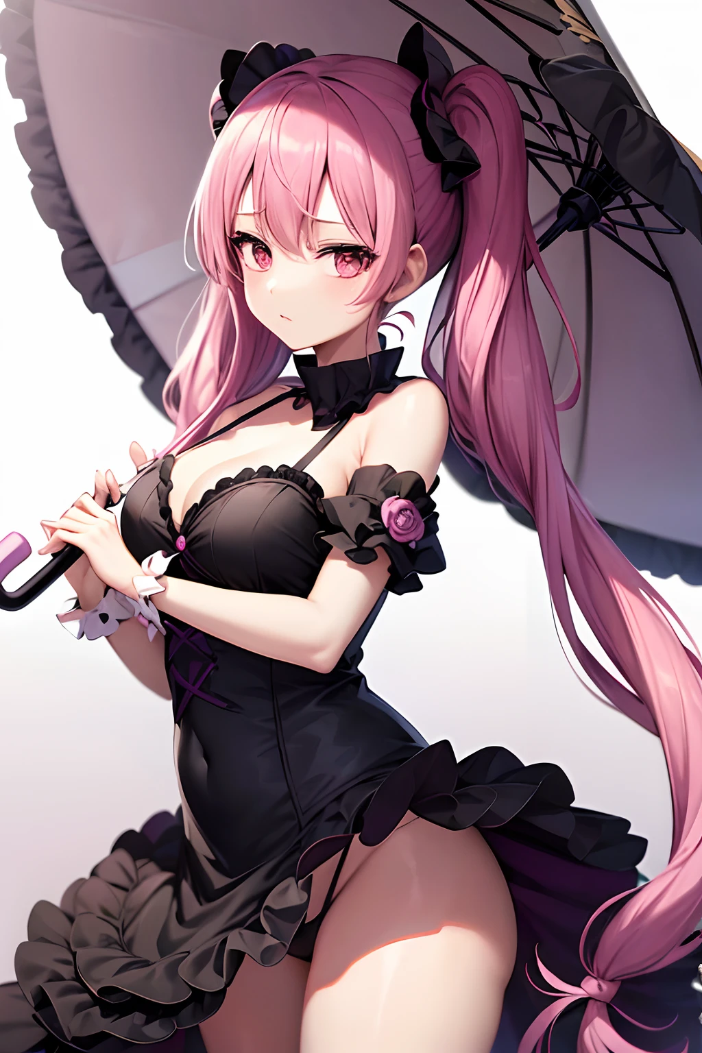 one piece ghost princess perona, ghost and sakura aura, holding a cute umbrella, black pink gothic outfit, hair tied into two curly pigtails with black and white flower hairpins, perfect body shape, wearing black top hat with ribbon, masterpieces, light make up, ghost effect, 4k wallpaper quality