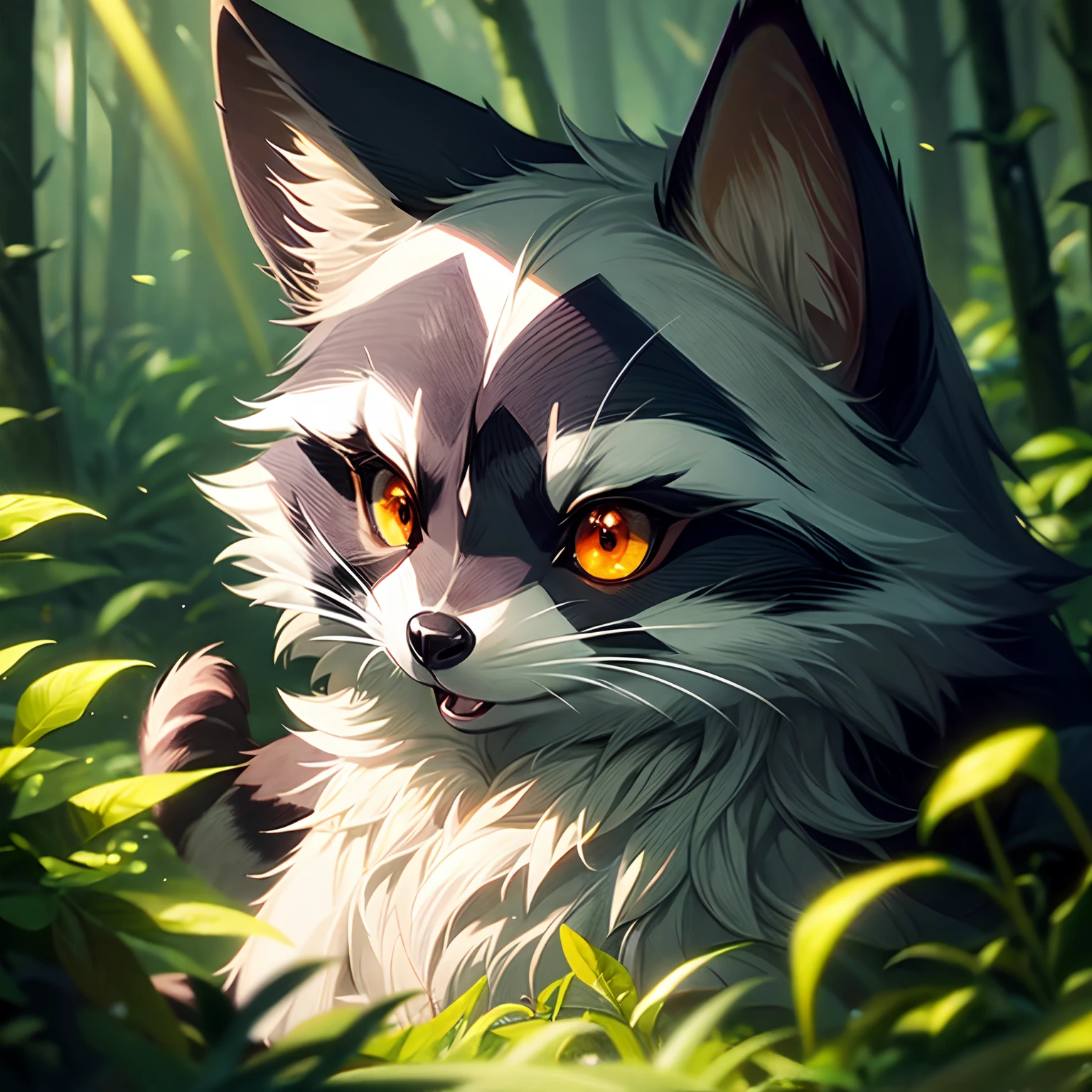 cinematic close view, the raccoon, green forest environment, black eyes, magic colored lights, cute raccoon, perfect raccoon, view on raccoon, focus on raccoon, big orange eyes raccoon