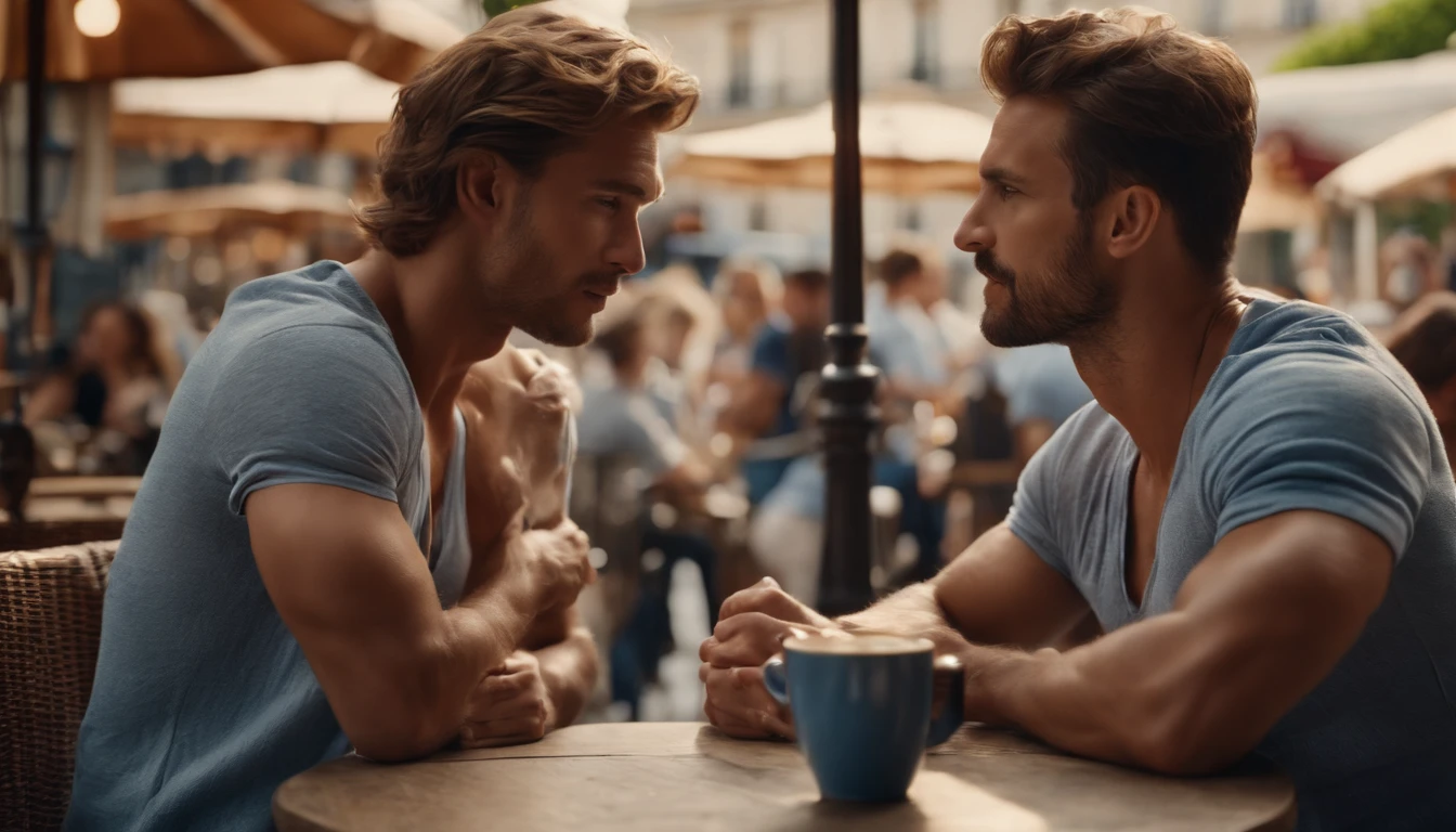photo of stunning two handsome muscular men sitting outdoors at a French cafe near Eiffel Tower, Paris, no female, honey eyes, short messy windy light brown hair, flipping hair, closeup zoomed in tight crop portrait, people watching, top-view (out door french coffee shop scene:1.2) wearing a (linen shorts and no shirt:1.3) (Lighting-blue:1.2) foreground objects background details (masterpiece:1.2) (photorealistic:1.2) (bokeh:1.2) (best quality) (color grading) (detailed skin:1.3) (no shirt:1.3) (intricate) (8k) (HDR) (cinematic lighting:1.3) (sharp focus), messy windy hair, Location Paris France