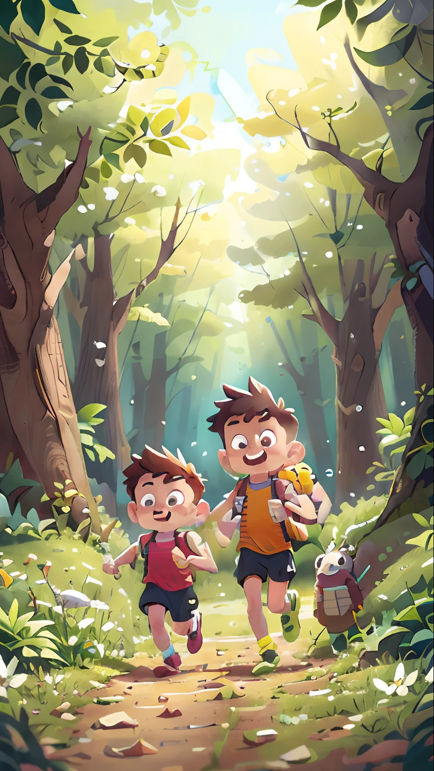 Poster design, (SFW), two running boys, spring outing, happy, backpack on back, forest in the background, perfect quality, clear focus, colorful, perfect face, intricate details, ultra-low viewing angle, wide angle lens
