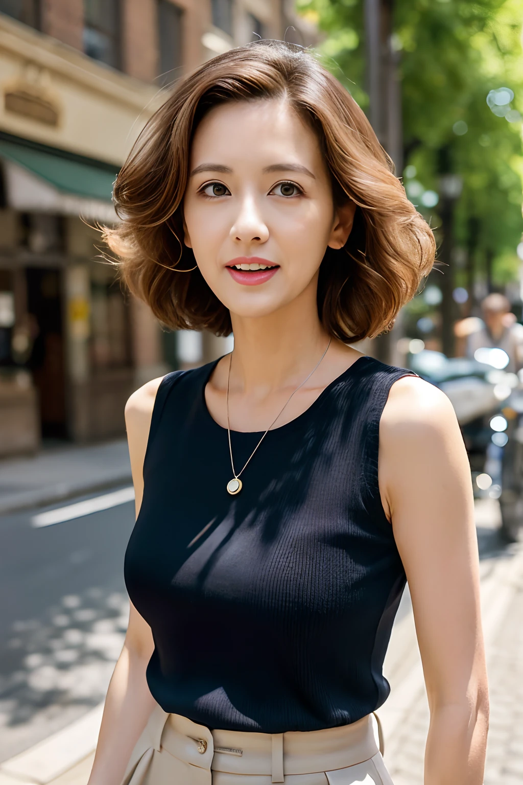 (masutepiece, Best Quality), A beautiful lady in her 40s, Detailed sleeveless turtleneck top, Pants, Necklace, Wavy Hair, Perfect face, Beautiful face, enticing, big gorgeous eyes, Open mouth, Happy, perfect slim fit body, (plein air), the city street, Bright colors、full bodyesbian、