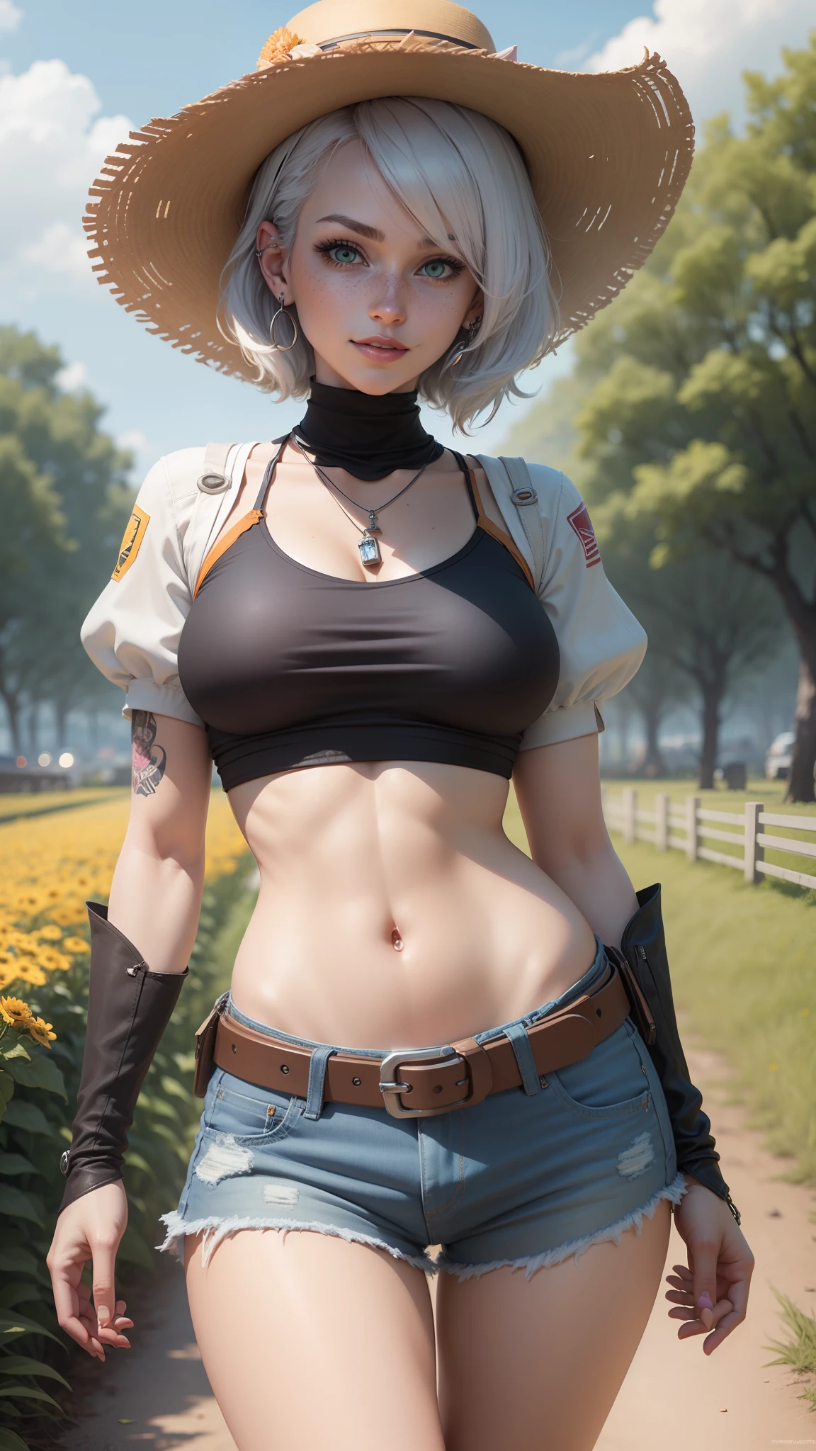 gwen tennyson,tracer,y'shtola rhul,yorha 2b,overwatch,nier automata,mecha pilot,ranch,tattoos,orange and pink plugsuit,white short sleeve cowboy top,denim micro shorts,uncovered belly,short hair,punk makeup,green eyes,multicolored silver hair,sexy smile,freckles,beautiful girl,large breasts,8k,ultra detailed,realistic,fantasy art,ear piercings,rancher uniform,saiyan girl,short cowboy vest,cowboy belt,hay field,walking,chain necklace,straw hat,