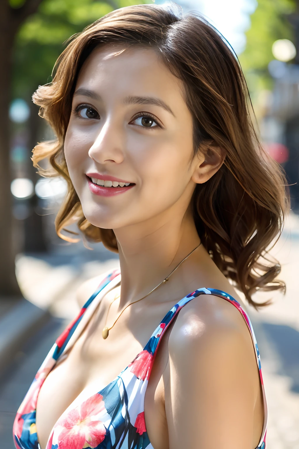 (masutepiece, Best Quality), A beautiful lady in her 40s, ,swim wears、 Necklace, Wavy Hair, Perfect face, Beautiful face, enticing, big gorgeous eyes, Open mouth, Happy, perfect slim fit body, (plein air), the city street, Bright colors、full bodyesbian、