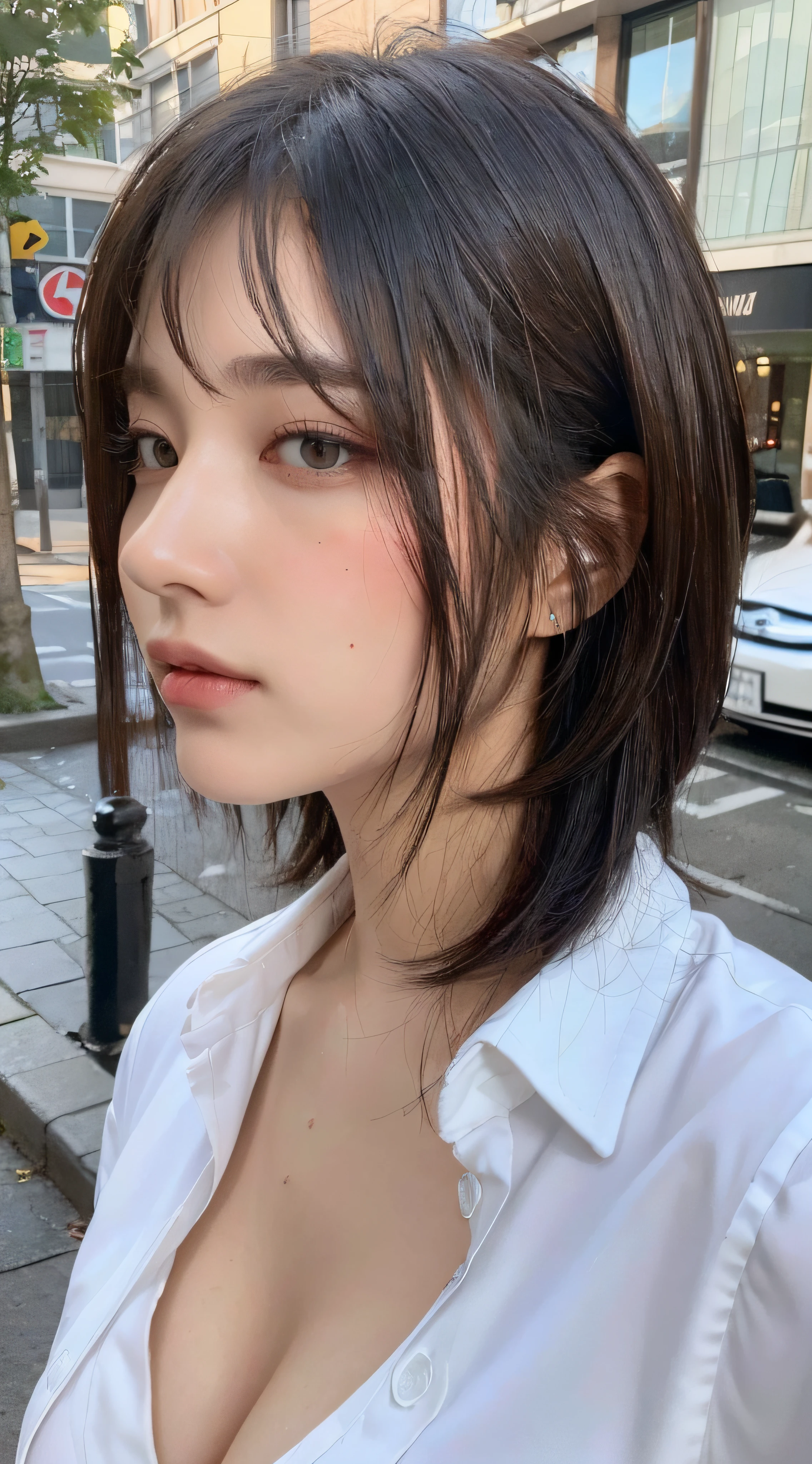 ((Best Quality, 8K, Masterpiece: 1.3)), Sharp: 1.2, Perfect Body Beauty: 1.4, Slim Abs: 1.2, ((Layered Hairstyle, Big Breasts: 1.2)), (Wet White Button Long Shirt: 1.1), (Rain, Street: 1.2), Wet: 1.5, Highly detailed face and skin texture, detailed eyes, double eyelids, side face looking at the camera