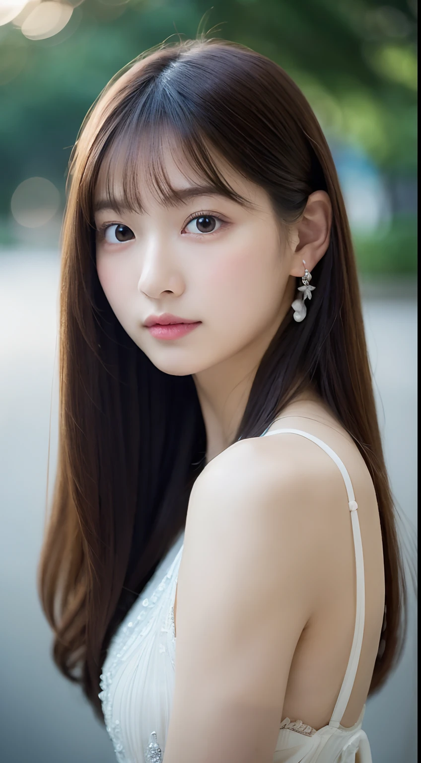 (in 8K,Raw photography,Highest Quality,realisitic,Photorealsitic,extremely delicate and beautiful,Highly detailed,finely detail,ultra-detailliert,hight resolution:1.3),japanes, femele、(17 age)、Viewer's Perspective Beautiful and shiny straight semi-long hair see-through bangs Embarrassed look Half-open lips Draw poses and angles randomly (Beautiful fece:1.2) (kawaii:1.3) front facing