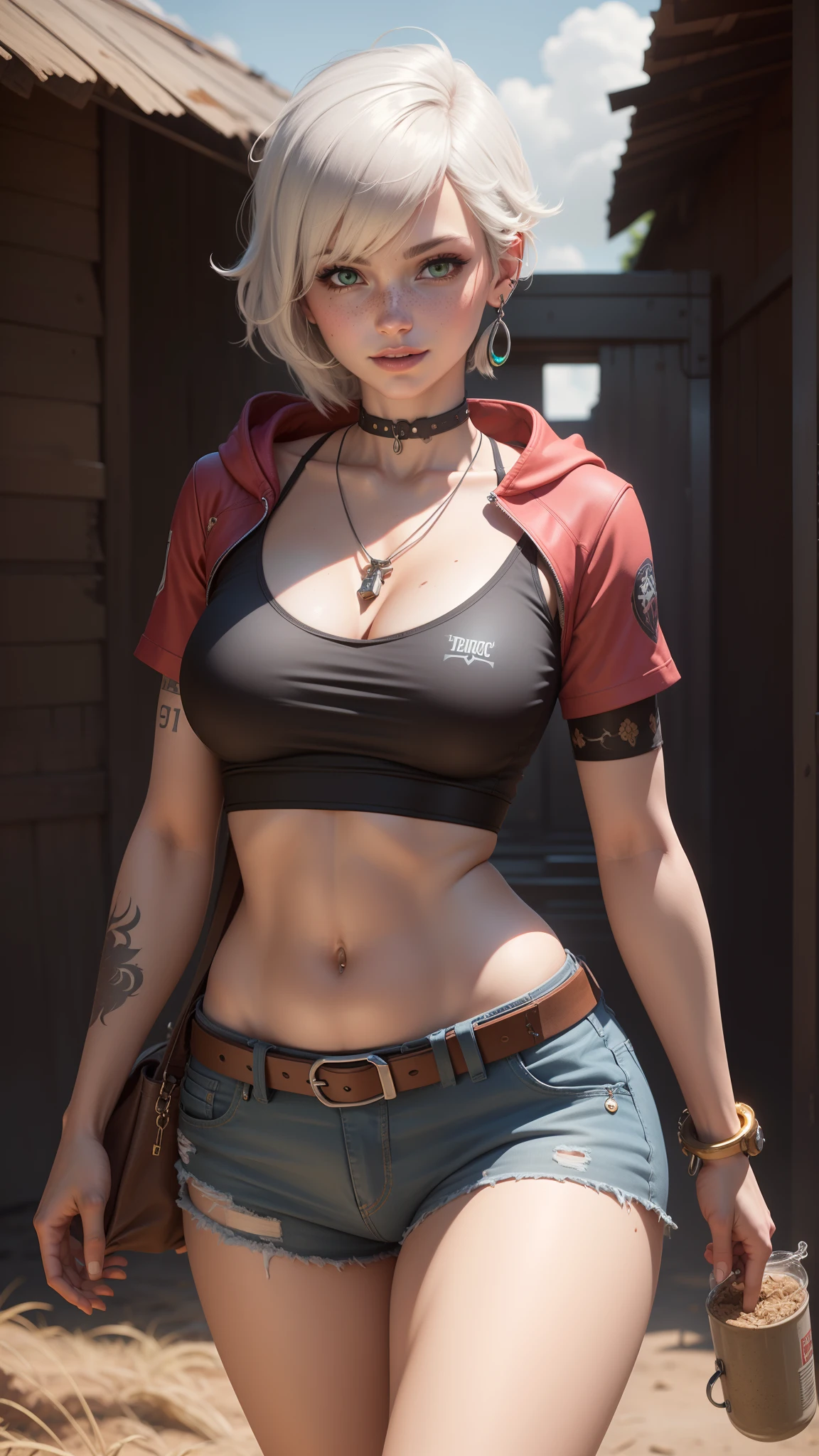 gwen tennyson,y'shtola rhul,yorha 2b, tracer,nier automata,overwatch,close up,mecha pilot,pokemon stadium, tattoos,orange and pink plugsuit,white short sleeve lycra top,steel lycra micro shorts,steel garter belt,uncovered belly,short hair,punk makeup,green eyes,multicolored silver hair,sexy smile,freckles,beautiful girl,large breasts,8k,ultra detailed,realistic,fantasy art,cyborg armor,steel armor,pokemon game,pokemon uniform,ear piercings, hair pin,saiyan girl,saiyan female,short sleeve sport hoodie,pokemon trainer,