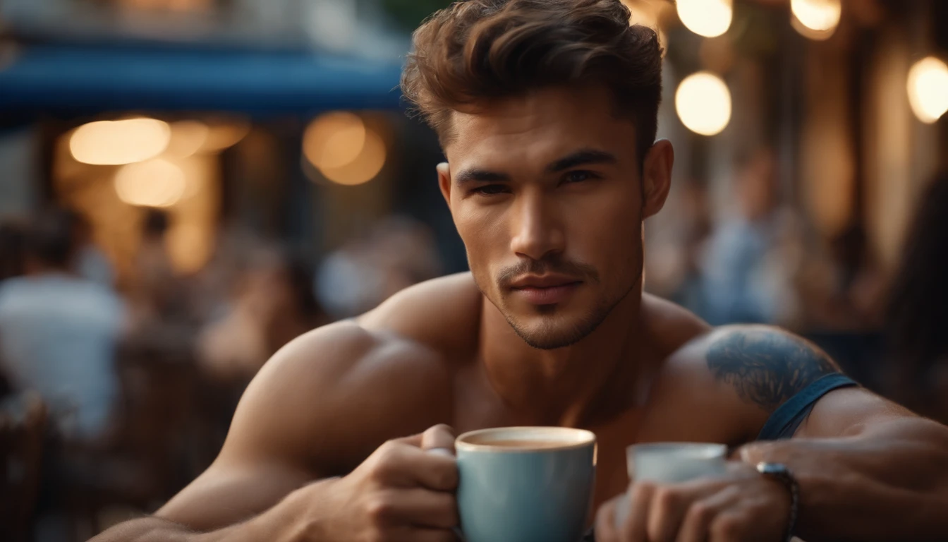 photo of stunning handsome muscular naked Thai men, no female, honey eyes, no shirt short messy windy light brown hair, flipping hair, closeup zoomed in tight crop portrait, sitting outdoors at a cafe, look you look at me, top-view (out door french coffee shop scene:1.2) (wearing no shirt:1.3) (coffee in hand:1.3) (Lighting-blue:1.2) foreground objects background details (masterpiece:1.2) (photorealistic:1.2) (bokeh:1.2) (best quality) (color grading) (detailed skin:1.3) (intricate) (8k) (HDR) (cinematic lighting:1.3) (sharp focus), messy windy hair Paris France