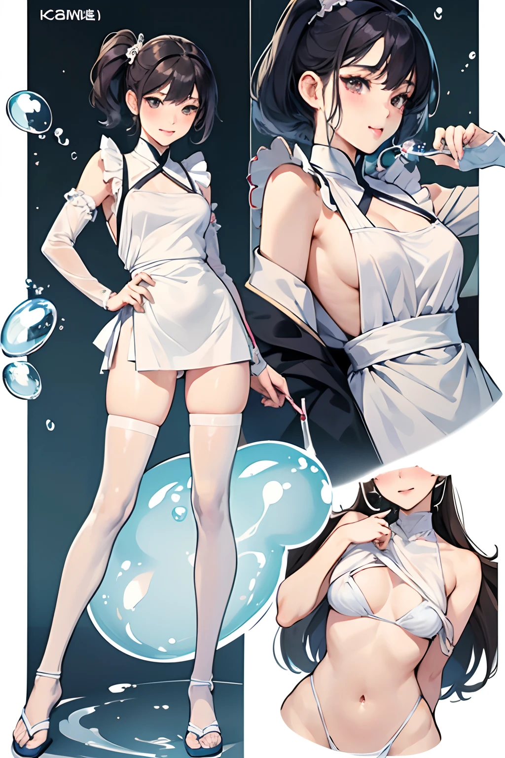 sexy korean sister, wearing thin and wet apron, kitchen, playing bubble, bubble effect, soap and bubble on body, clean and smooth skin detail, showing off, nipple flash, spread opened legs, visible camel toe, seducing pose, on body, blushing face, tongue out, see through, ((character design sheet, multiple views of the same character)), orgasm detail